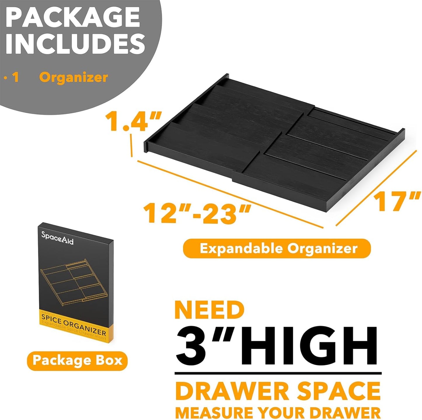 SpaceAid Bamboo Black Spice Drawer Organizer, (Need 3" Deep Drawer) Expandable 4 Tier Spices Rack for Cabinet, Kitchen Seasoning Storage Insert (Jars Not Included, From 12" to 23" Wide)