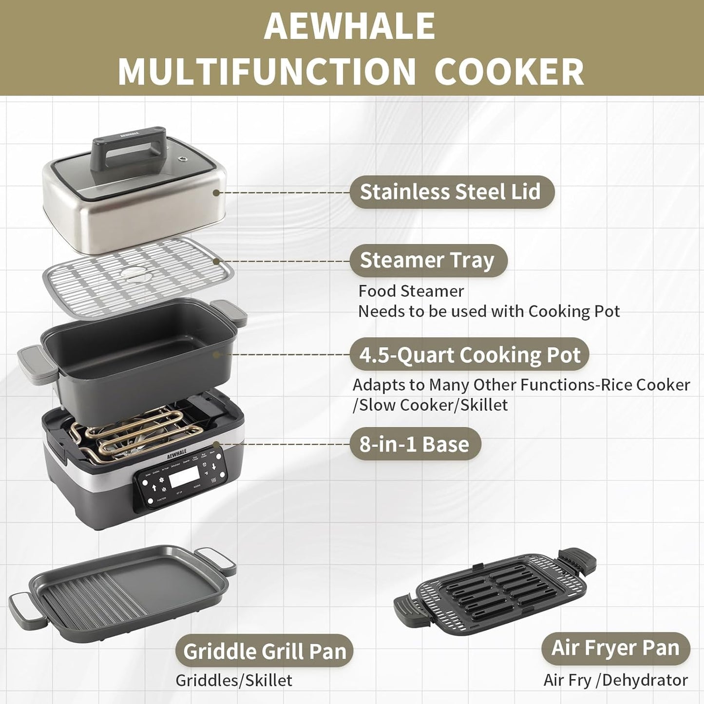 AEWHALE 8-in-1 Programmable 4.5-Quart Multi-Cooker with Air Fryer,Slow Cooker,Food Steamer,Dehydrate &More, Family-Sized Capacity,Grey