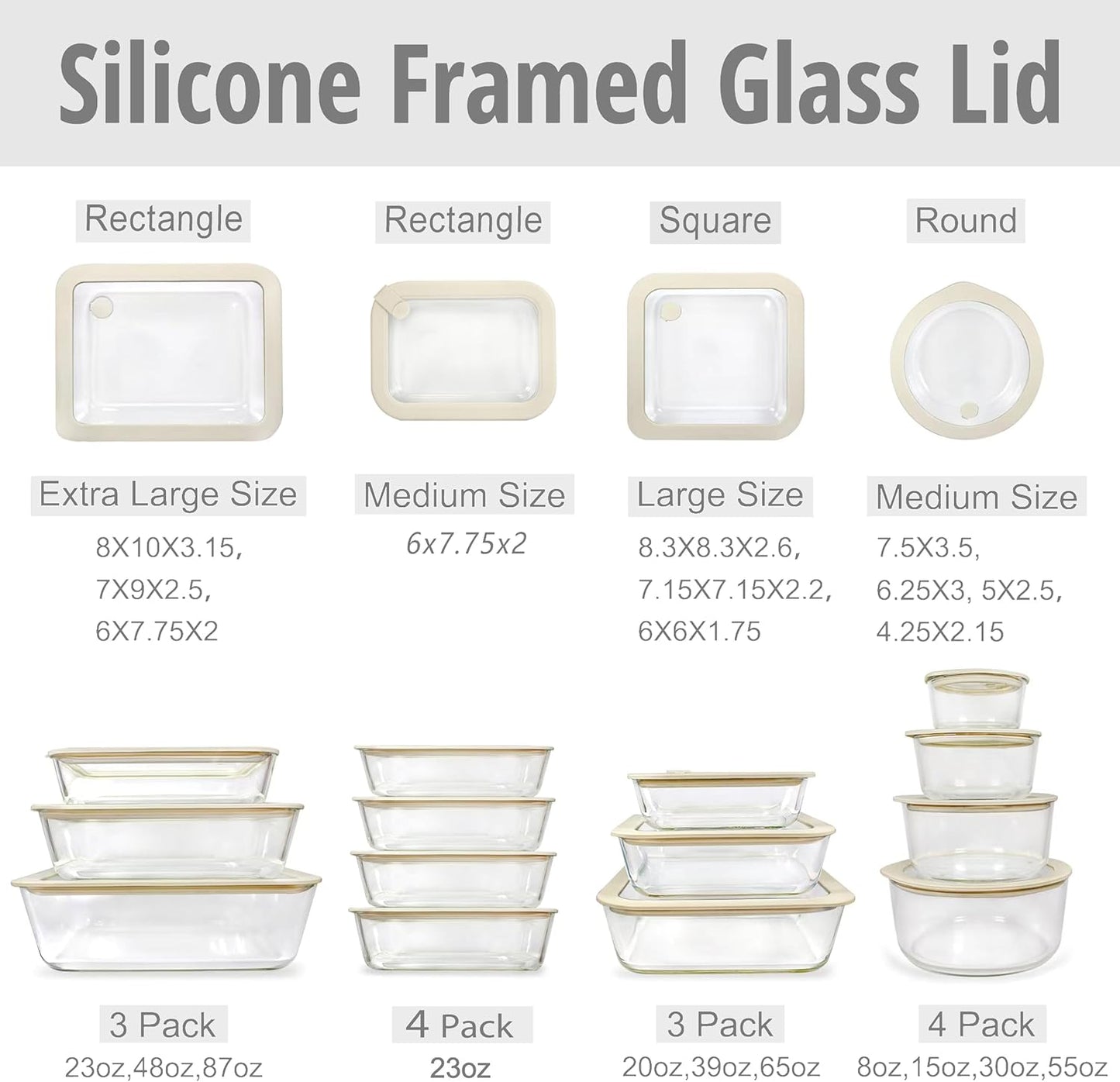 Urban Green Glass Food Container Set with Glass Lid, 4 Pack, Meal Prep Containers with Silicone Framed Airtight Lid, Leakproof, 100% Plastic Free,