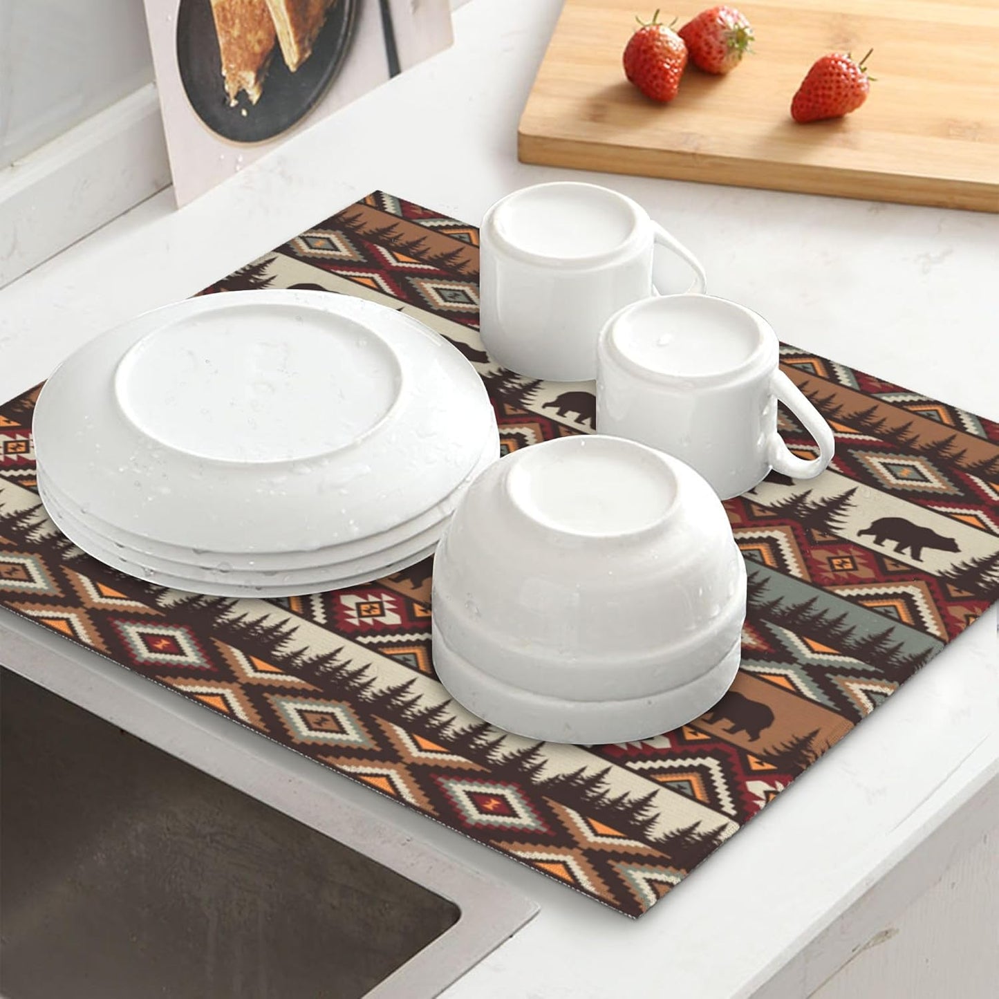 Vintage Rustic Dish Drying Mat for Kitchen Counter Bear Mountain Dish Drainer Rack Mats 16x18 Inch Absorbent Reversible Drying Pad Black