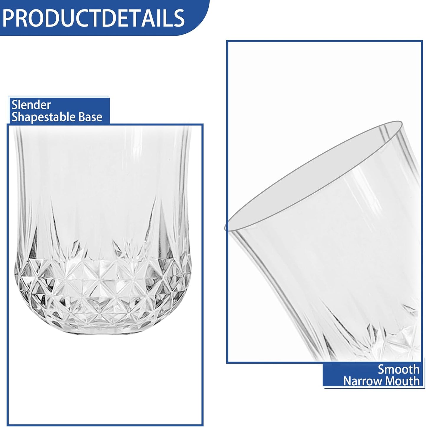 12 PCS Transparent Stemless Wine Glasses，Plastic Reusable Cups 9OZ Vintage Drinking Glasses Tumblers for Whisky, Beer, Juice, Beverages, Cocktai