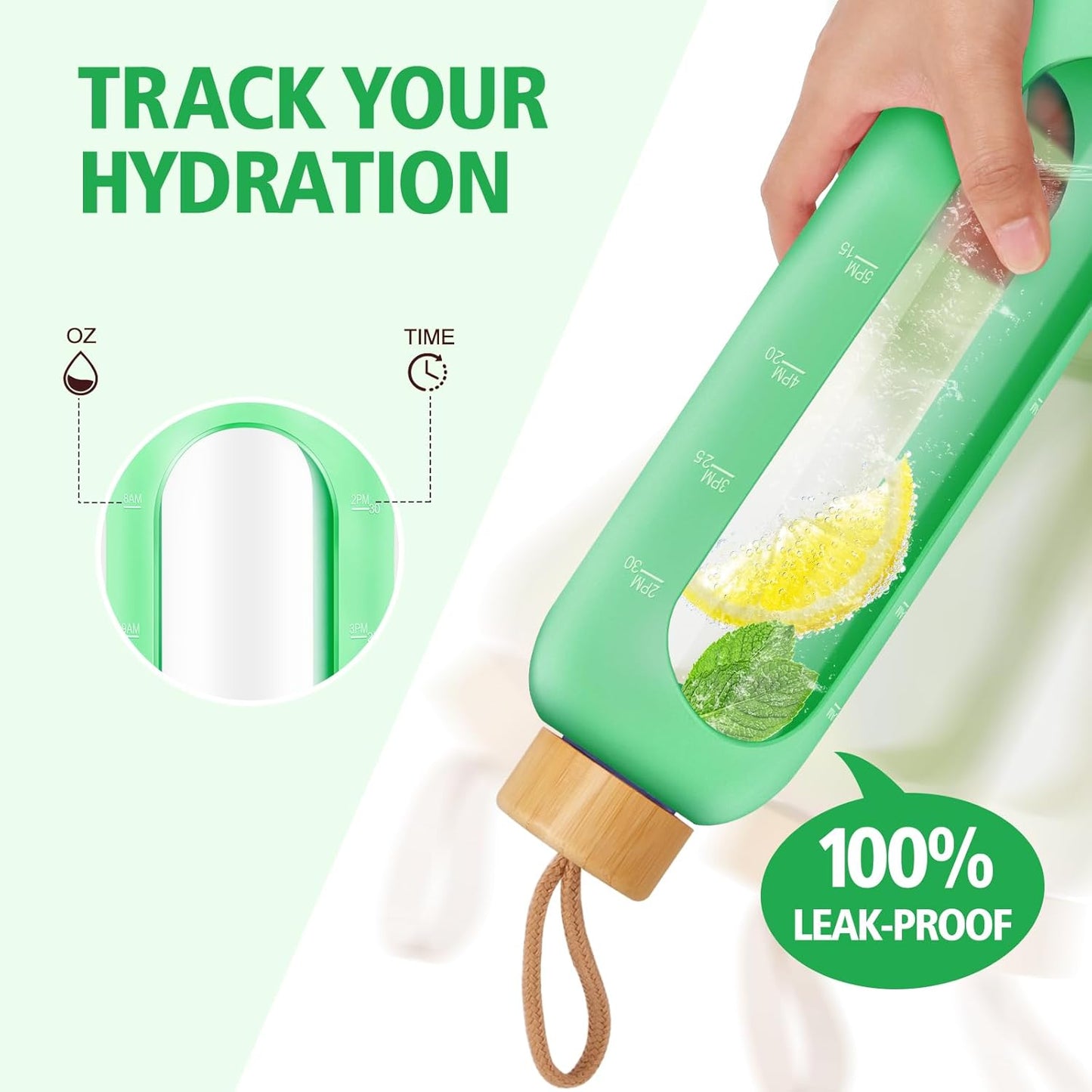 Glass Water Bottles 32 oz - Motivational Drinking Glass Water Bottle with Silicone Sleeve, Straw & 2 Bamboo Lids - 1 Liter Clear Borosilicate Daily Intake Tumbler with Time Marker - Jade Green