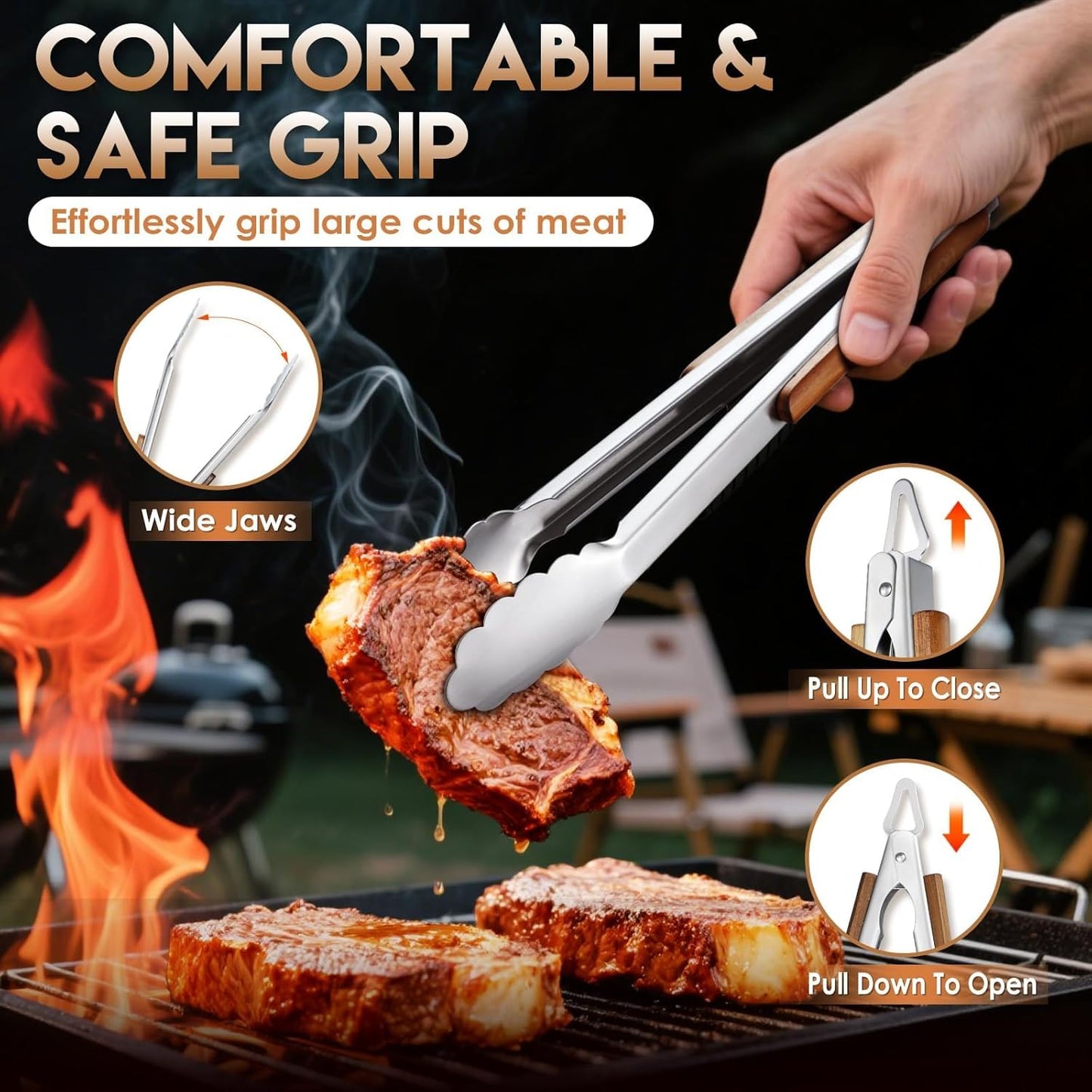 TIVOLI 3PCS Grilling Accessories, Heavy Duty BBQ Tool Set with Stainless Steel Spatula, Tongs, Fork, Wood Handles Barbecue Utensils Kit for Outdoor, Perfect Grill Gifts for Dad Men