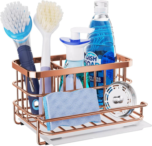 HapiRm Multifunctional Kitchen Sink Organizer, Large Sink Caddy with Drain Tray, SUS304 Stainless Steel Rustproof Sponge Holder for Kitchen Countertop - Rose Gold