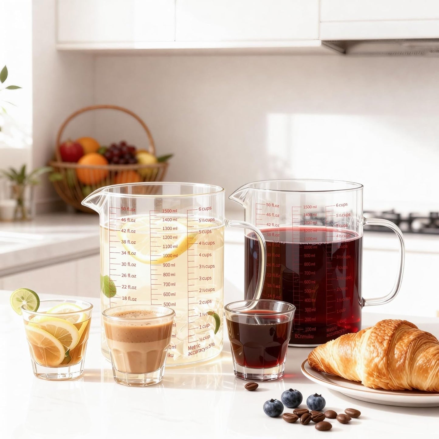 BCnmviku Glass Measuring Cups High Borosilicate [Insulated Handle | V-Shaped Spout]For Prepping Baking and Cooking Preheated Oven Dishwasher Freezer and Microwave Safe (1500ML)