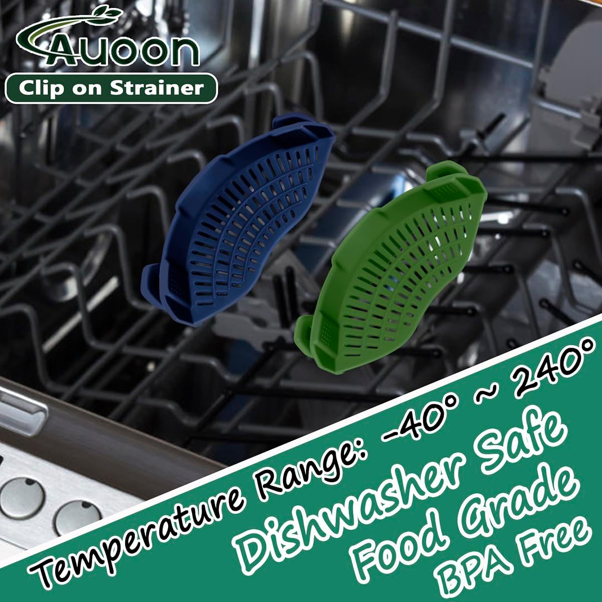 AUOON Silicone Clip on Strainer - Adjustable Strainers and Colanders for All Pots Pans and Bowls | Practical Kitchen Gadgets for Cooking and Draining (Matcha)