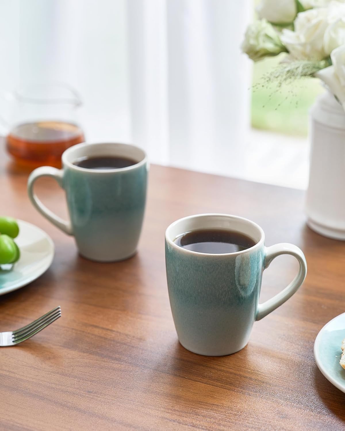 famiware Coffee Mugs Set, 13 oz Mug Set of 6, Stoneware Cups for Latte, Hot Tea, Mocha, Cocoa, Cappuccino, Microwave and Dishwasher Safe, Glacier Series, Aqua