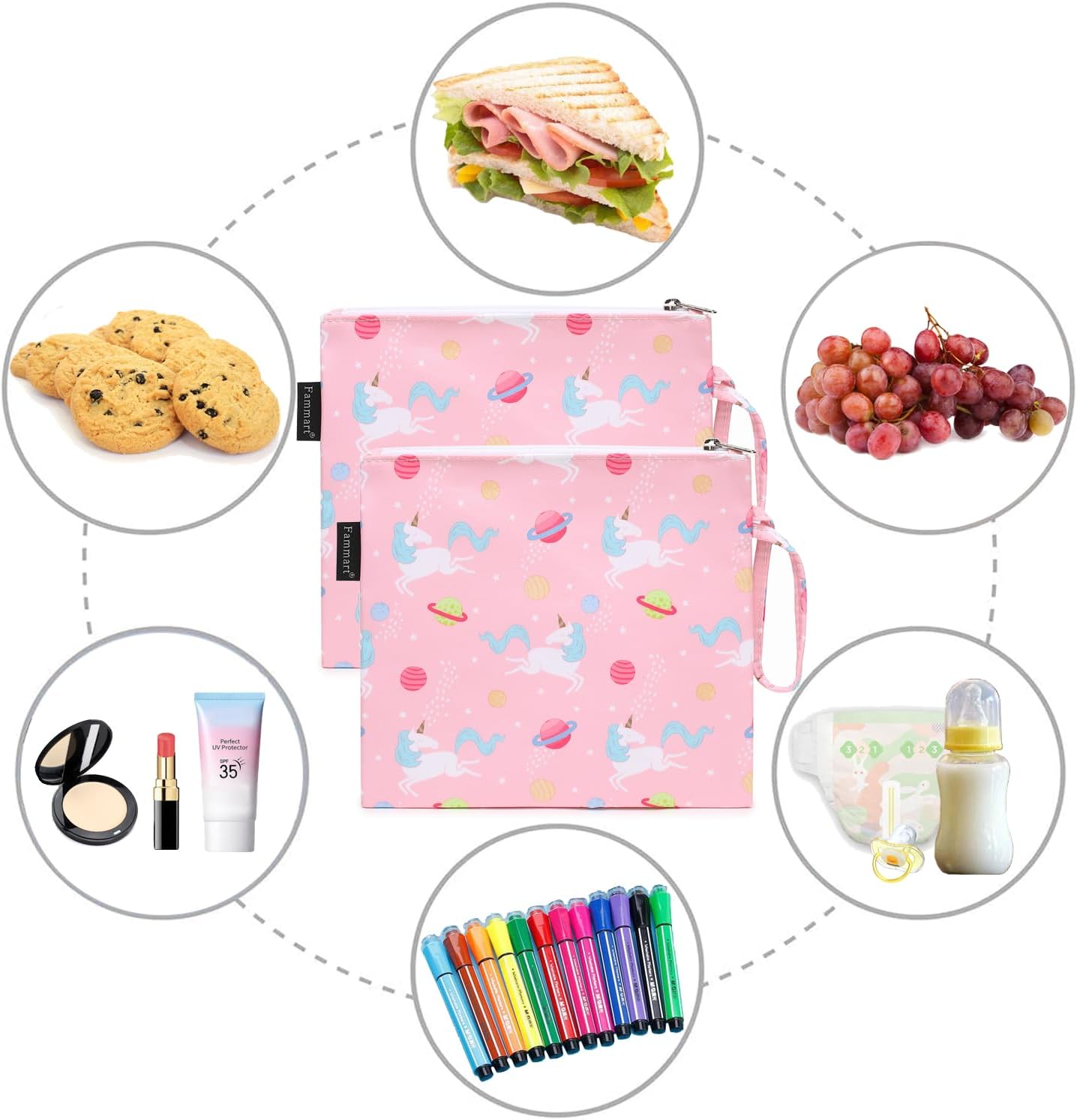 Reusable Sandwich Bag/Snack Bag for Kids & Adults, Dual Layer Lunch Bag with Handle, Washable, Food Safe, BPA Free (2-Pack, Planet Unicorn)