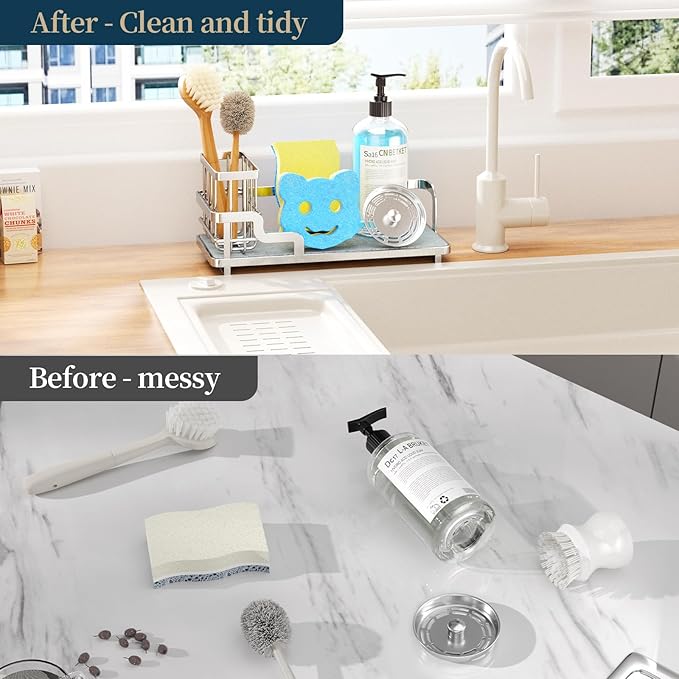 Consumest Sponge Holder for Kitchen Sink - Sink Caddy Organizer with Water Absorbing Stone Tray, Detachable Brush Holder, Stainless Steel Kitchen Counter Organizer Rack, Silver