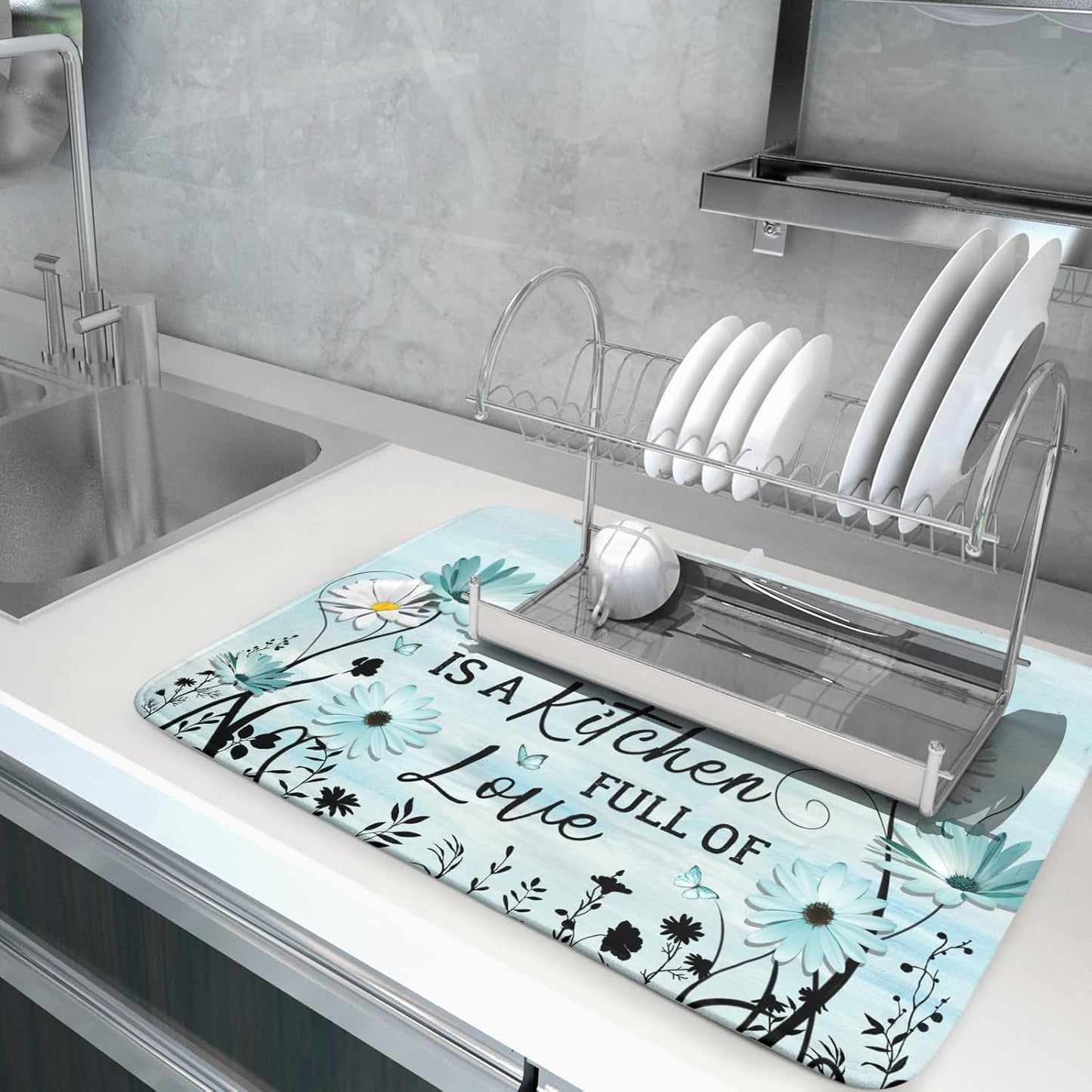 Blue Daisy Dish Drying Mat 18x24 Inch Love Kitchen Absorbent Microfiber Washable Fast Drying Pad Dishes Rack Mat for Kitchen Counter