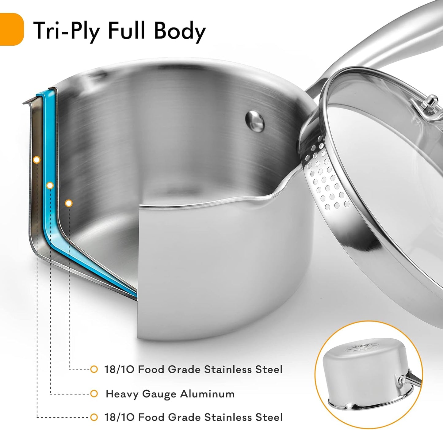 Stainless Steel Saucepan with Glass Lid, 2.0 Quart Multipurpose Sauce Pan, Sauce Pot with for Easy Pour with Ergonomic Handle