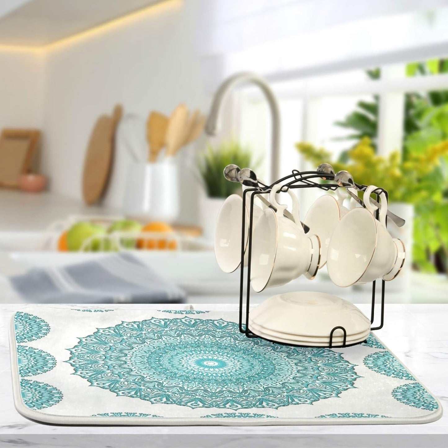 Super Absorbent Dish Drying Mat, Microfiber Fast-Drying Dish Mat, 16" x 18", Kitchen Dish Drying Pad, Boho Ethnic Turquoise Mandala