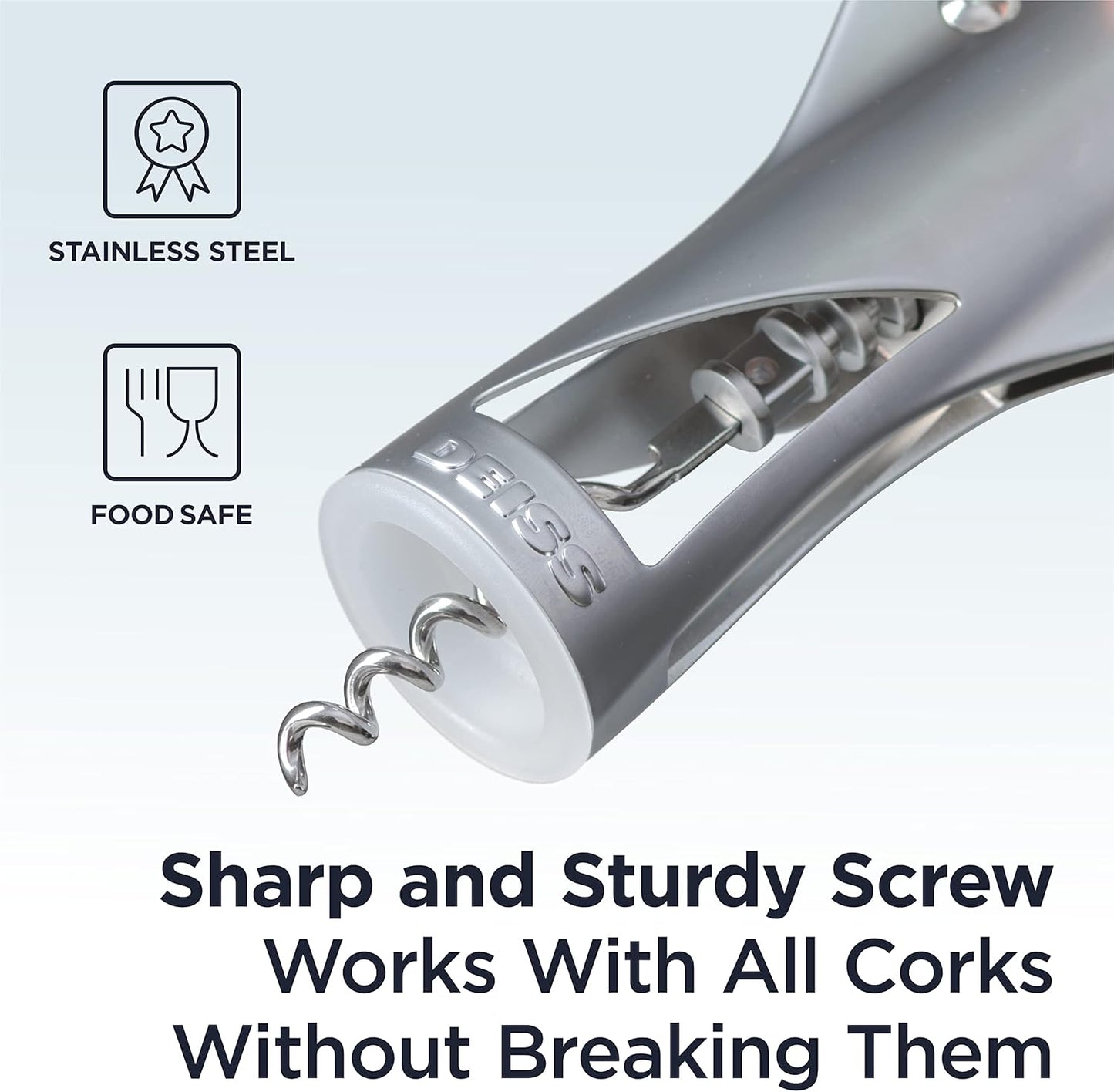 Deiss LUX Wine Opener, All-Metal Wing Corkscrew Wine Bottle Opener with Built-in Beer Bottle Opener - Ergonomic Cork Screw Wine Corker, Silver Matte Coating, Velvet Storage Pouch (SILVER)