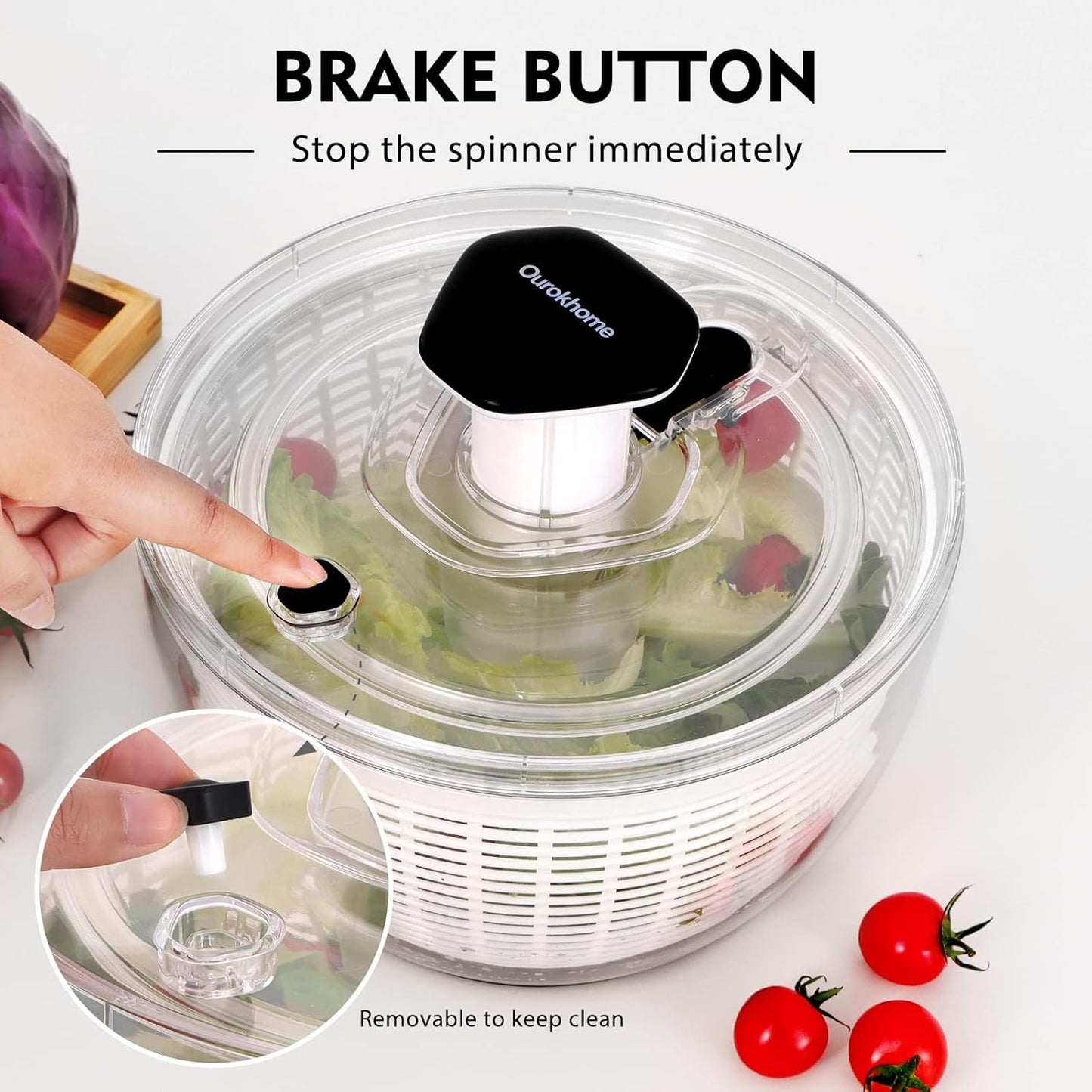 Ourokhome Salad Spinner Lettuce Dryer, One-handed Easy Press Large Vegetable Dryer Salad Mixer with Comfortable and Retractable Pusher and Brake Button for Greens, Herb, Berry, Fruits, 6.3 QT, Black