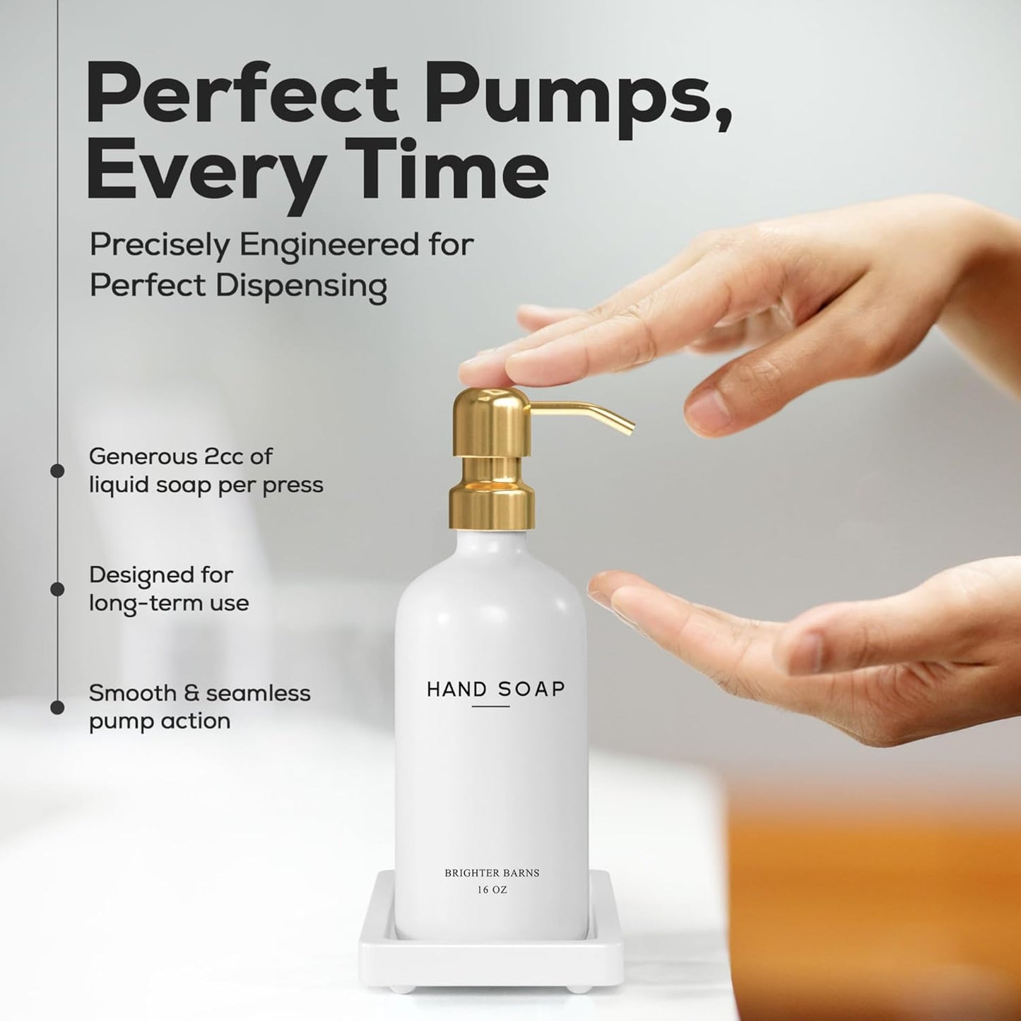 Luxury Glass Soap and Lotion Dispenser Set with Tray by Brighter Barns - Hand Soap Dispenser Bathroom Set & Stainless Steel Pump for Home or Airbnb - White and Gold Bathroom Accessories & Decor (Gold)