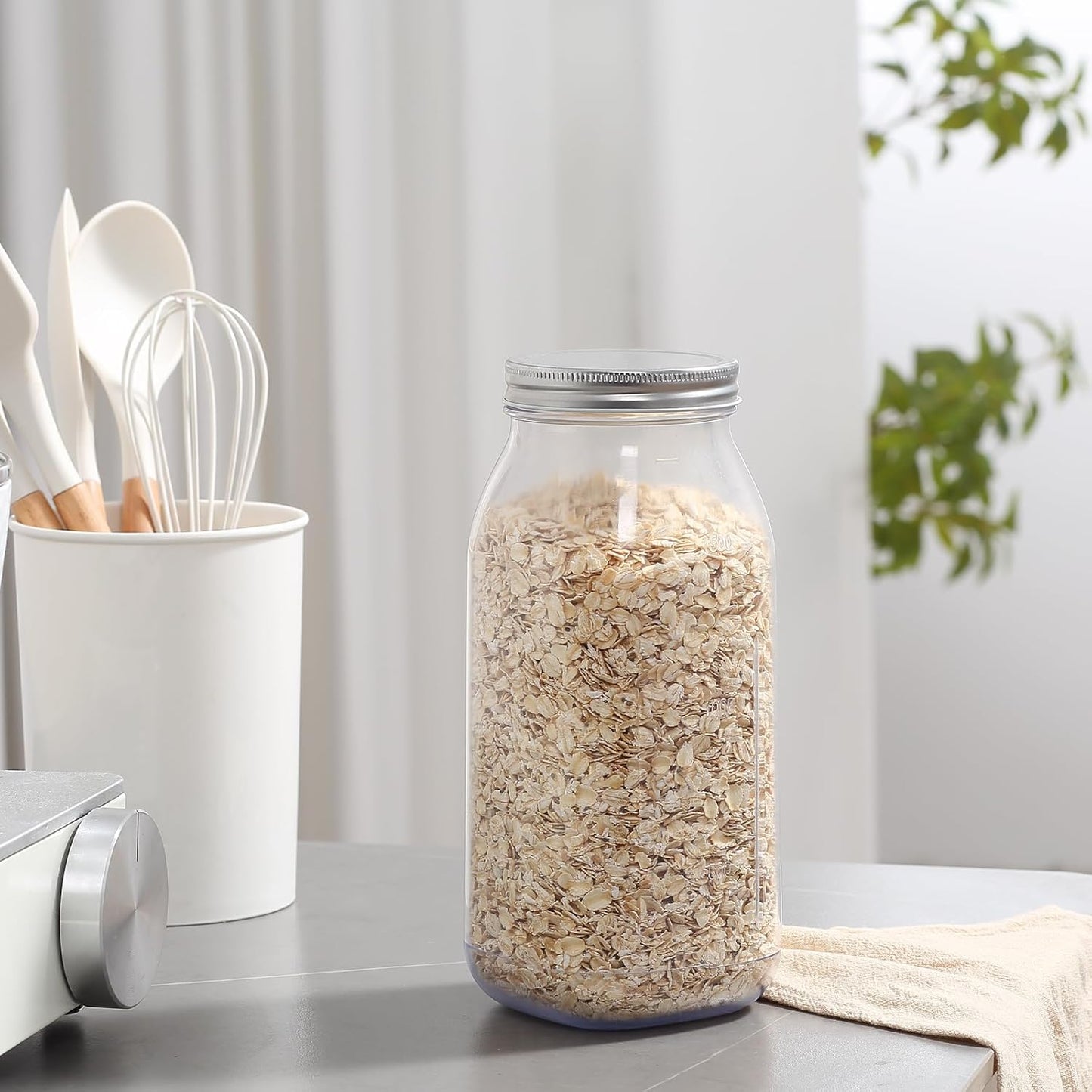 novelinks 64 oz Large Plastic Jars with Metal Lids - 4 Pack BPA-Free Clear Storage Containers for Pantry, Pickles, Sauces, Flour, Snacks - Leak-Proof Airtight Food Grade Jars for Kitchen (Silver)