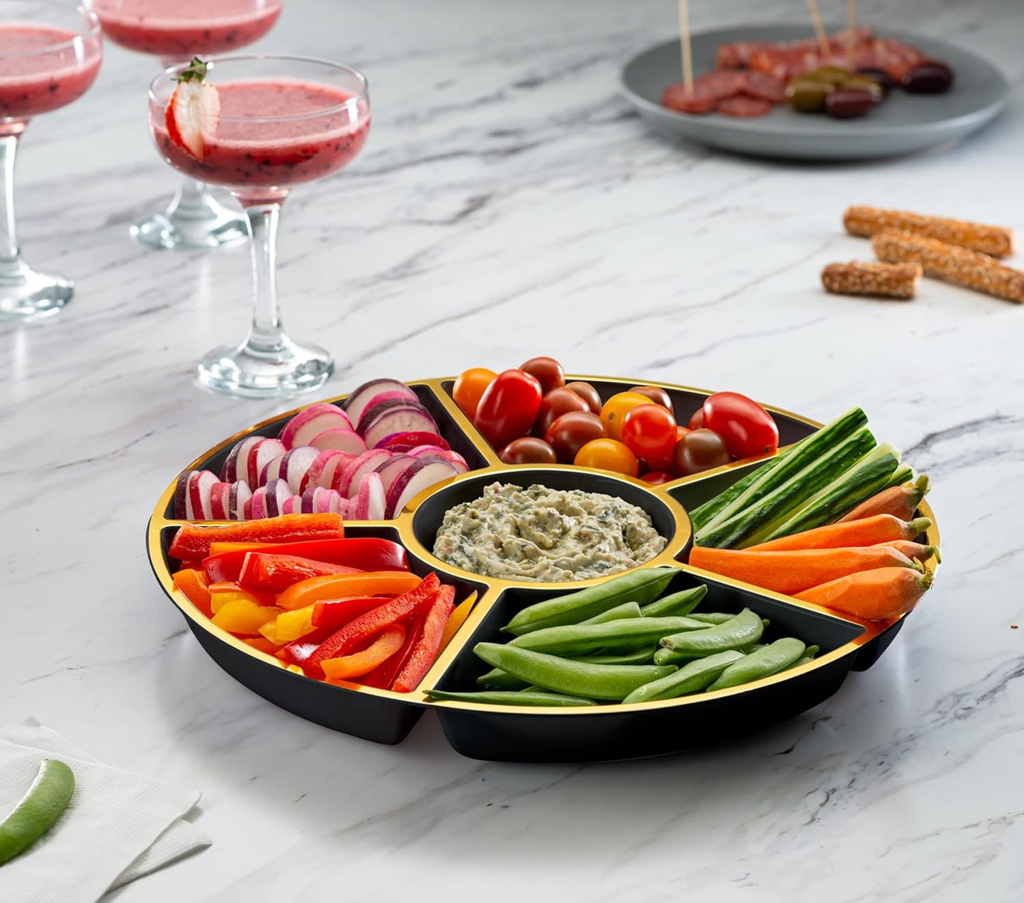 Plasticpro 6 Sectional Round Plastic Serving Tray/Platters Black & Gold Pack of 8