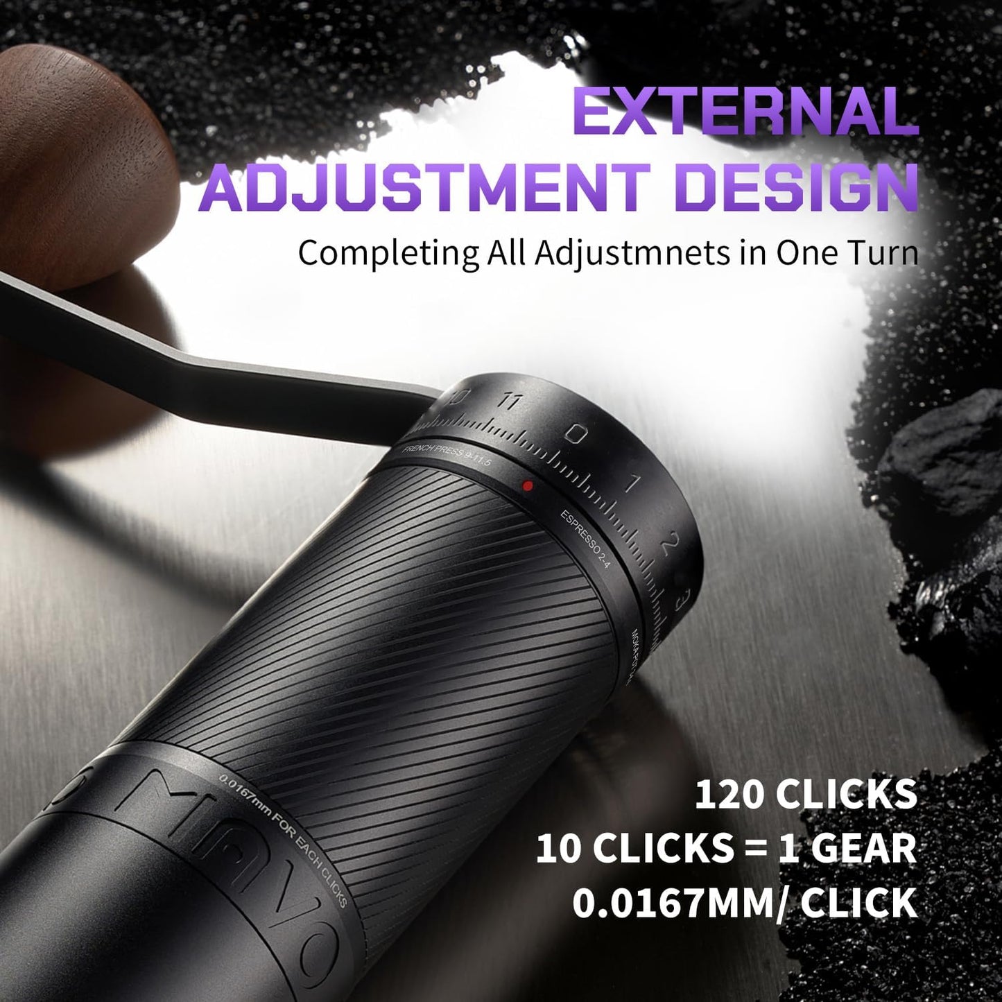 MAVO Manual Coffee Grinder, Phantox Pro Burr Coffee Grinder, Professional 45mm Stainless Steel Grinding Core, Capacity 30g, 120 Clicks Adjustment, Hand Coffee Grinder for Espresso, Pour Over, Black