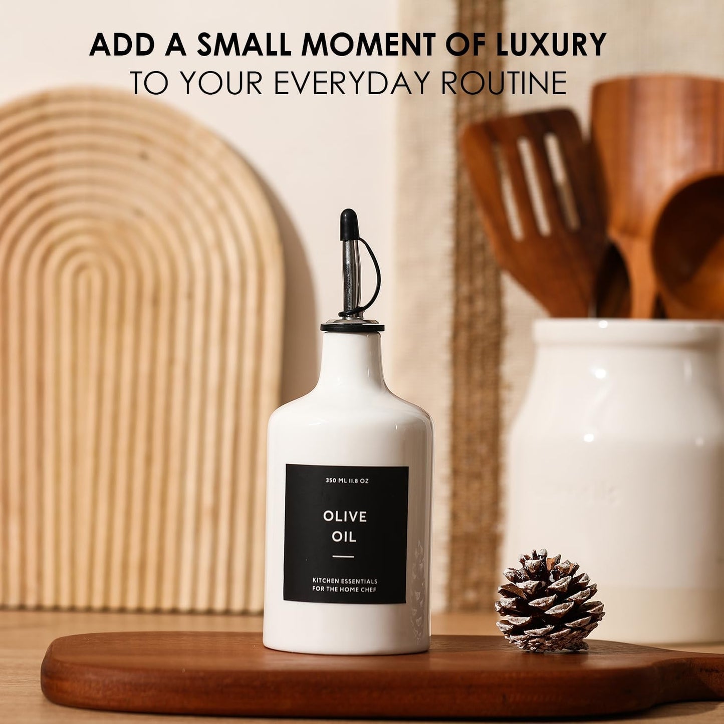 HOMCDALY Ceramic Olive Oil Dispenser Bottle, 16oz Oil Dispenser Bottle for Kitchen, Oil Container, Kitchen Oil Dispenser（White）