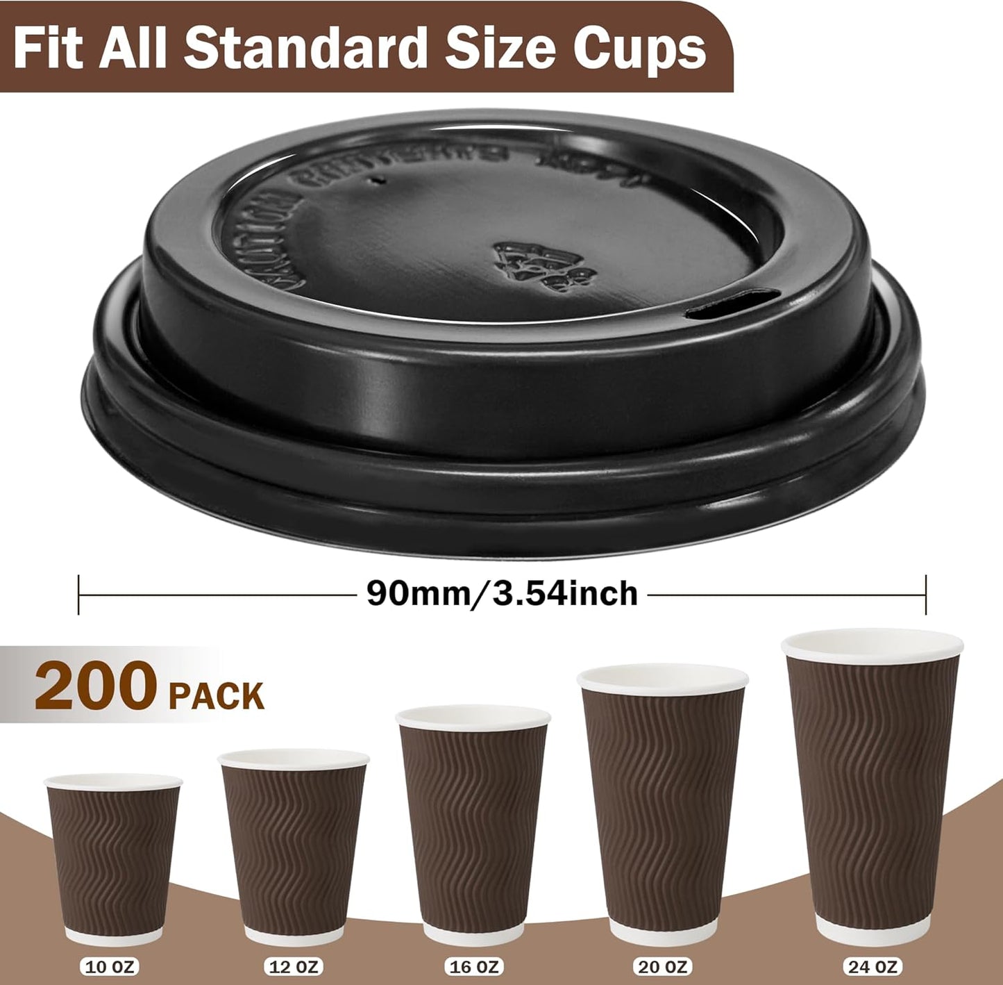 200 Pack Black Coffee Cups Lids 3.54'', Disposable Plastic Lids for 10, 12, 16, 20, 24 oz Paper Cups, Hot or Cold Drinking Cup Lid for Espresso, Hot Beverage