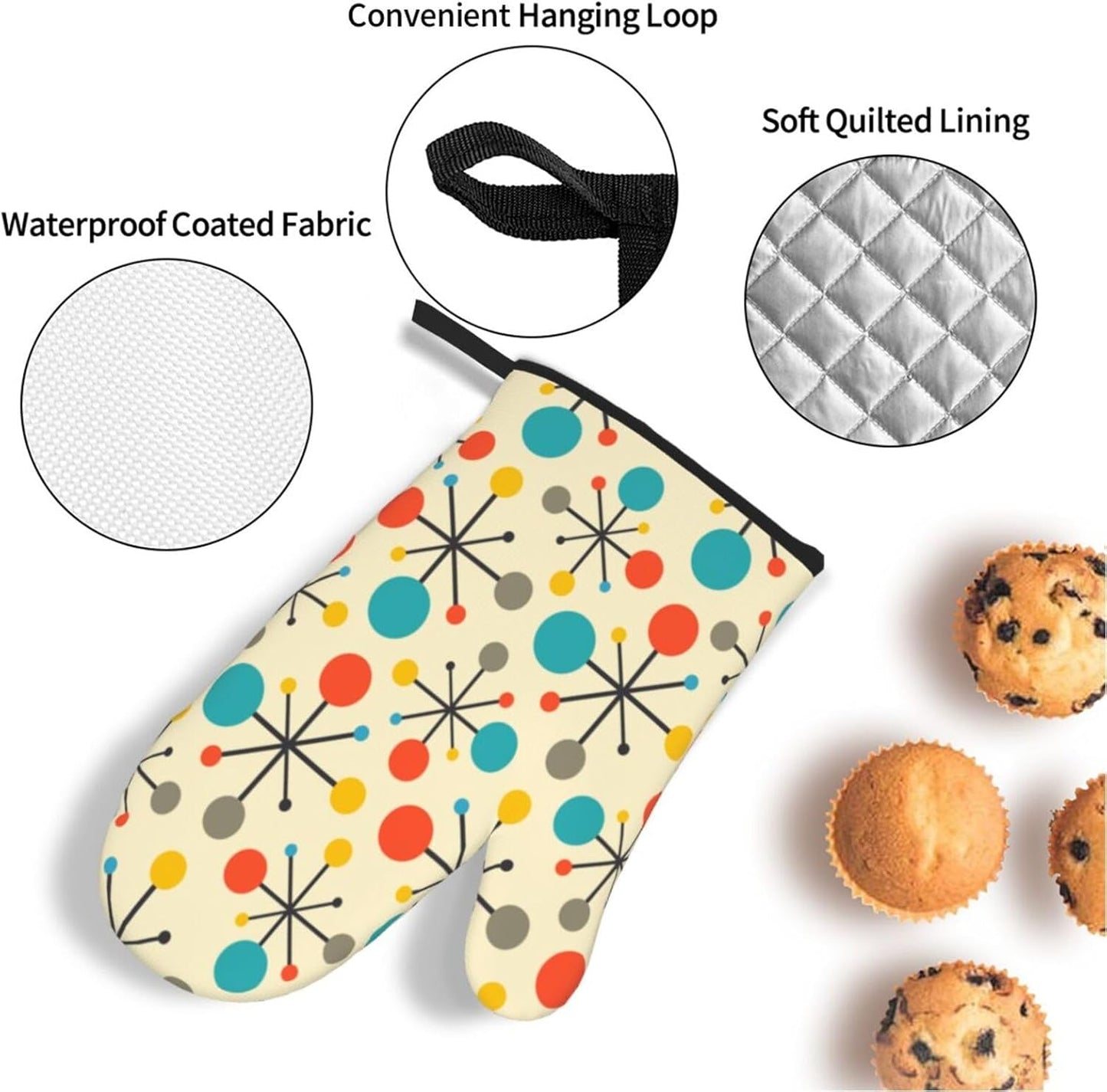 Mid Century Fifties Modern Atomic Retro Colors Oven Mitts and Pot Holders Sets of 4 High Heat Resistant Oven Mitts with Oven Gloves and Hot Pads Polyester Potholders for Kitchen Cooking Mitts