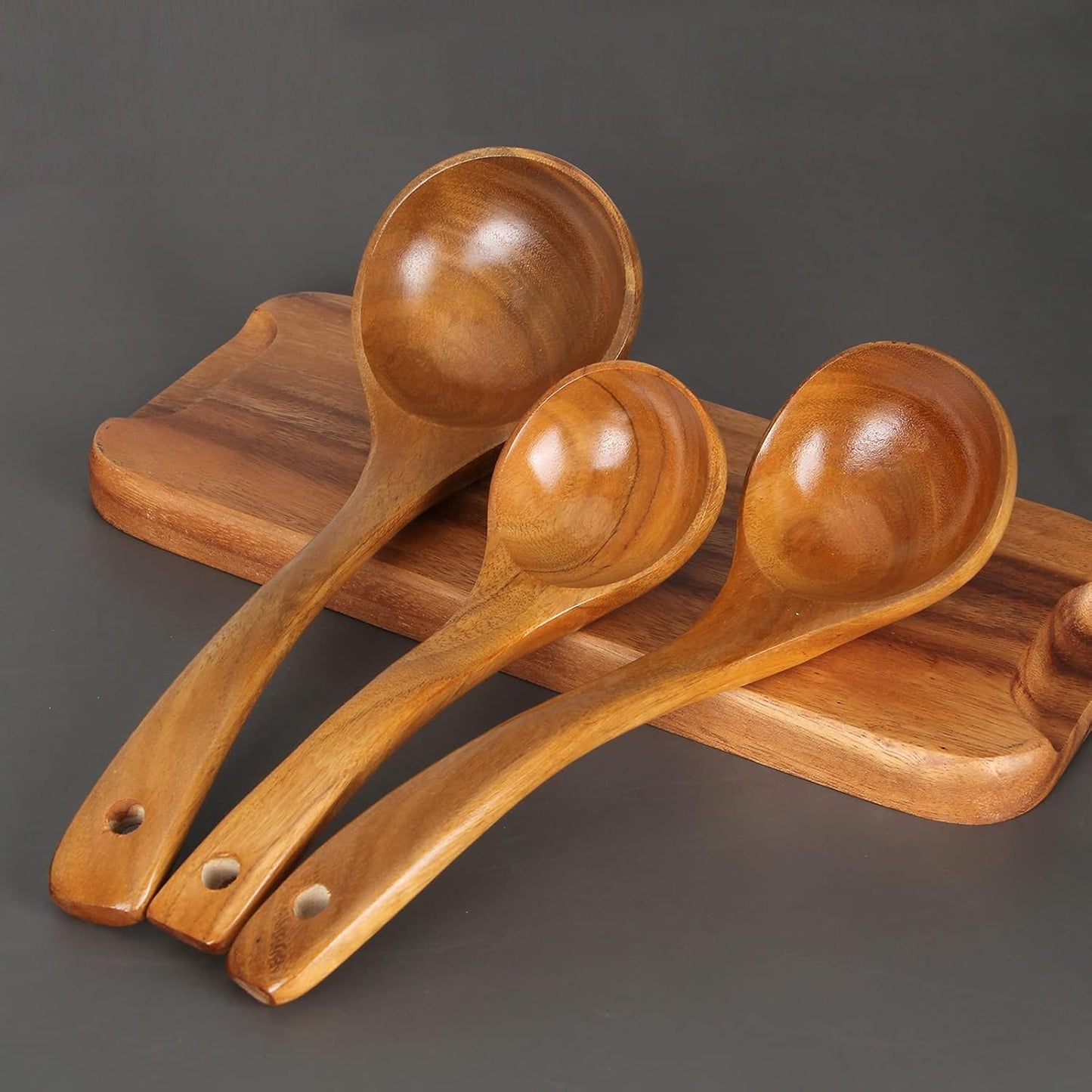3 Pack Wooden Ladles for Serving Spoon Soup Ladle Wood Spoons for Cooking Ladel Large Bamboo Kitchen Tools Ladles Big Spaghetti Spoon Laddle Non Toxic Soup Spoons Teak deep Ladle