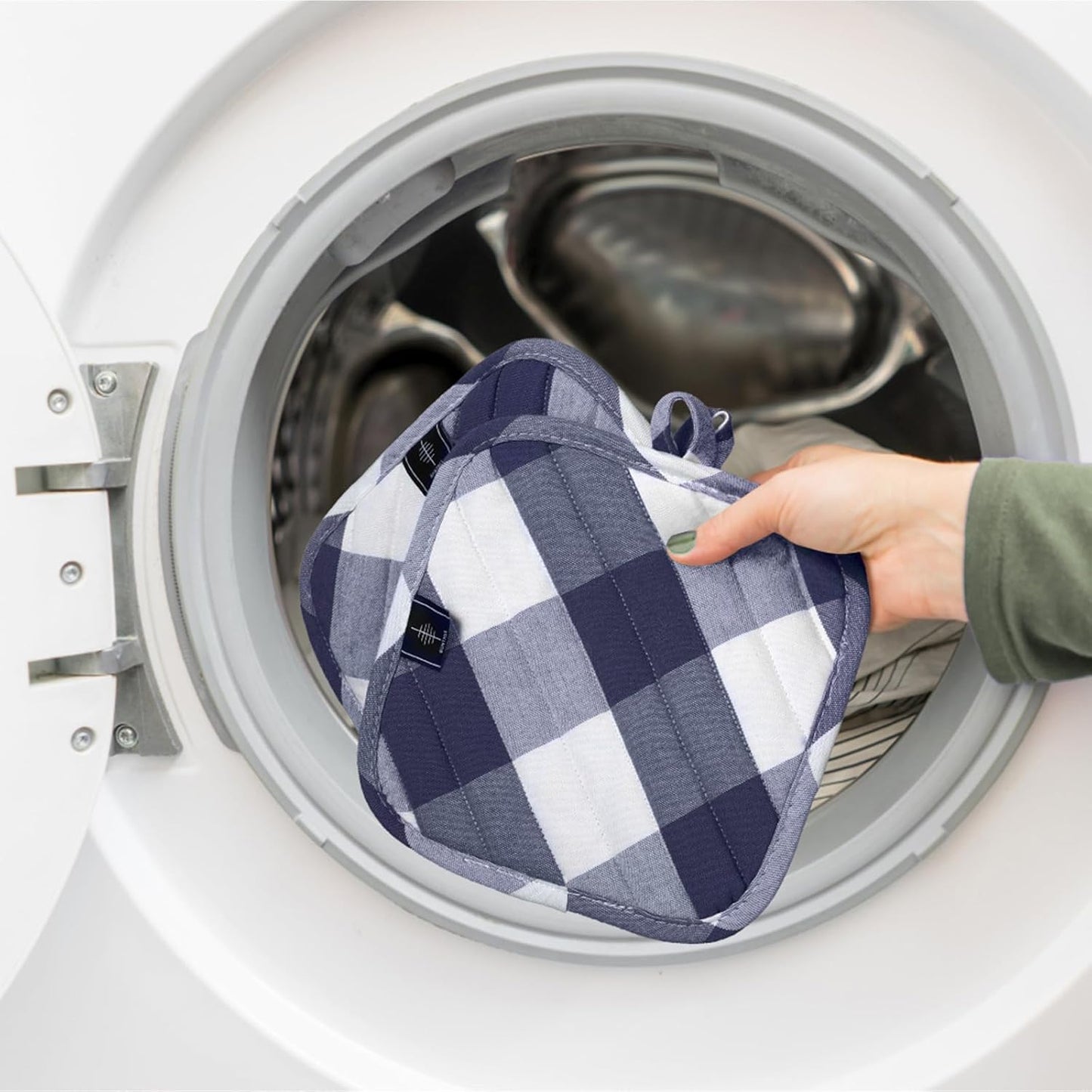 Cotton Pot Holders for Kitchen Heat Resistant Potholder, Hot Pads, Trivet Coaster Non-Slip Potholders Set for Cooking and Baking (2, Blue Plaid, Square，8.27 in²)