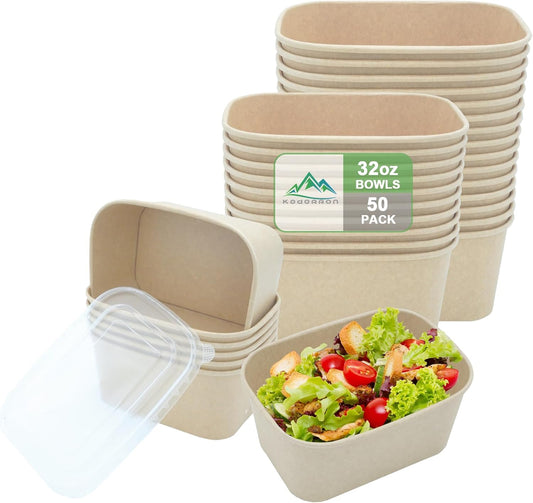 50 Pack 32 OZ Large Paper Bowls with Lids, Heavy Duty Disposable Compostable Container for Party, Disposable Bowls Bulk Soak-Proof and Microwave Safe for Hot/Cold Use