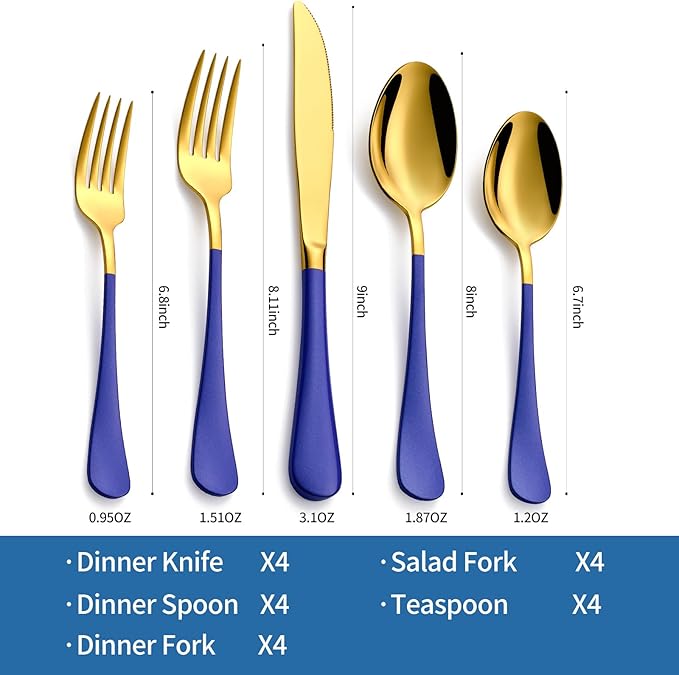 20-Piece Blue & Gold Silverware Set, 18/0 Stainless Steel Colorful Handle Flatware Set,Service for 4,Modern Cutlery Set Includes Dinner Knives Forks Spoons,Mirror Polished,Dishwasher Safe