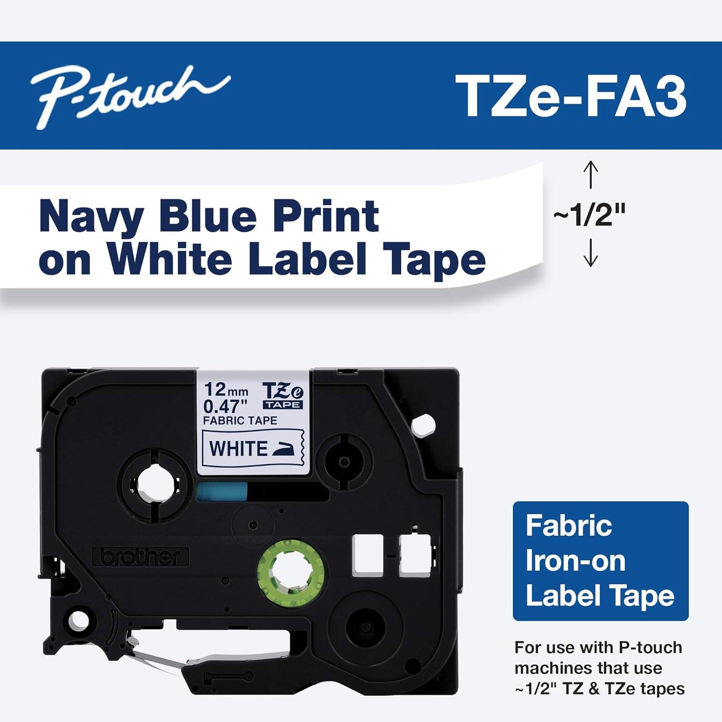 Brother Genuine P-touch TZE-FA3 Tape, 1/2" (0.47") Wide Fabric Iron-On Tape, Navy Blue on White, Can be Ironed onto Virtually Any Cotton Item, 0.47" x 9.8' (12mm x 3M), Single-Pack, TZEFA3