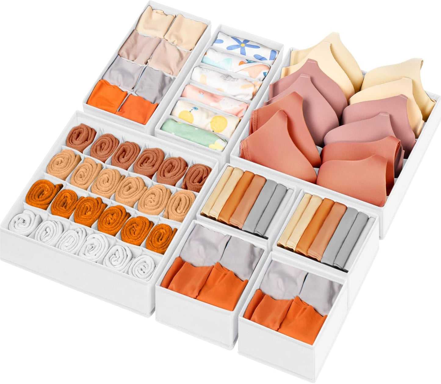 Drawer Organizer Clothes, 8 Pack Dresser Organizer Bins for Baby Clothes, Underwear Sock, Fabric Closet Organization and Storage Dividers for Nursery Bedroom (96 Compartments, White)