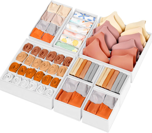 Drawer Organizer Clothes, 8 Pack Dresser Organizer Bins for Baby Clothes, Underwear Sock, Fabric Closet Organization and Storage Dividers for Nursery Bedroom (96 Compartments, White)