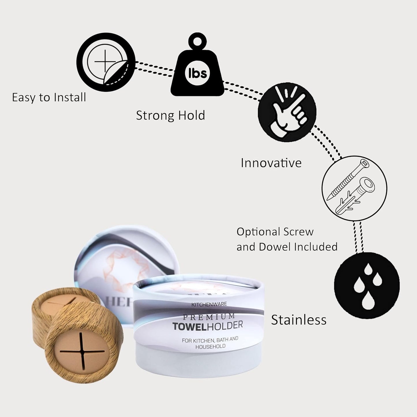 HEFA Towel Hooks, 8 Pack, Kitchen Organization, Modern Design, Plastic, Polished, Wall Mount, Storage Hook