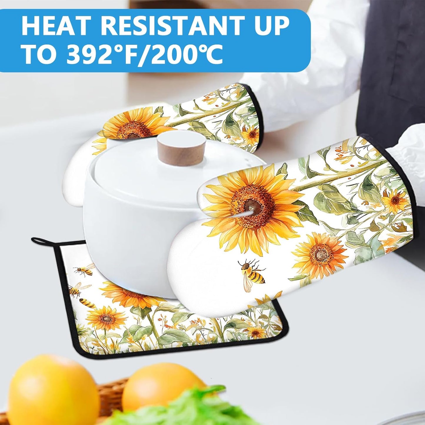Watercolor Sunflower Oven Mitts and Pot Holders Sets Heat Resistant 4Pcs Busy Bee Potholders Oven Gloves Hot Pads for Kitchen Baking Cooking Grilling BBQ