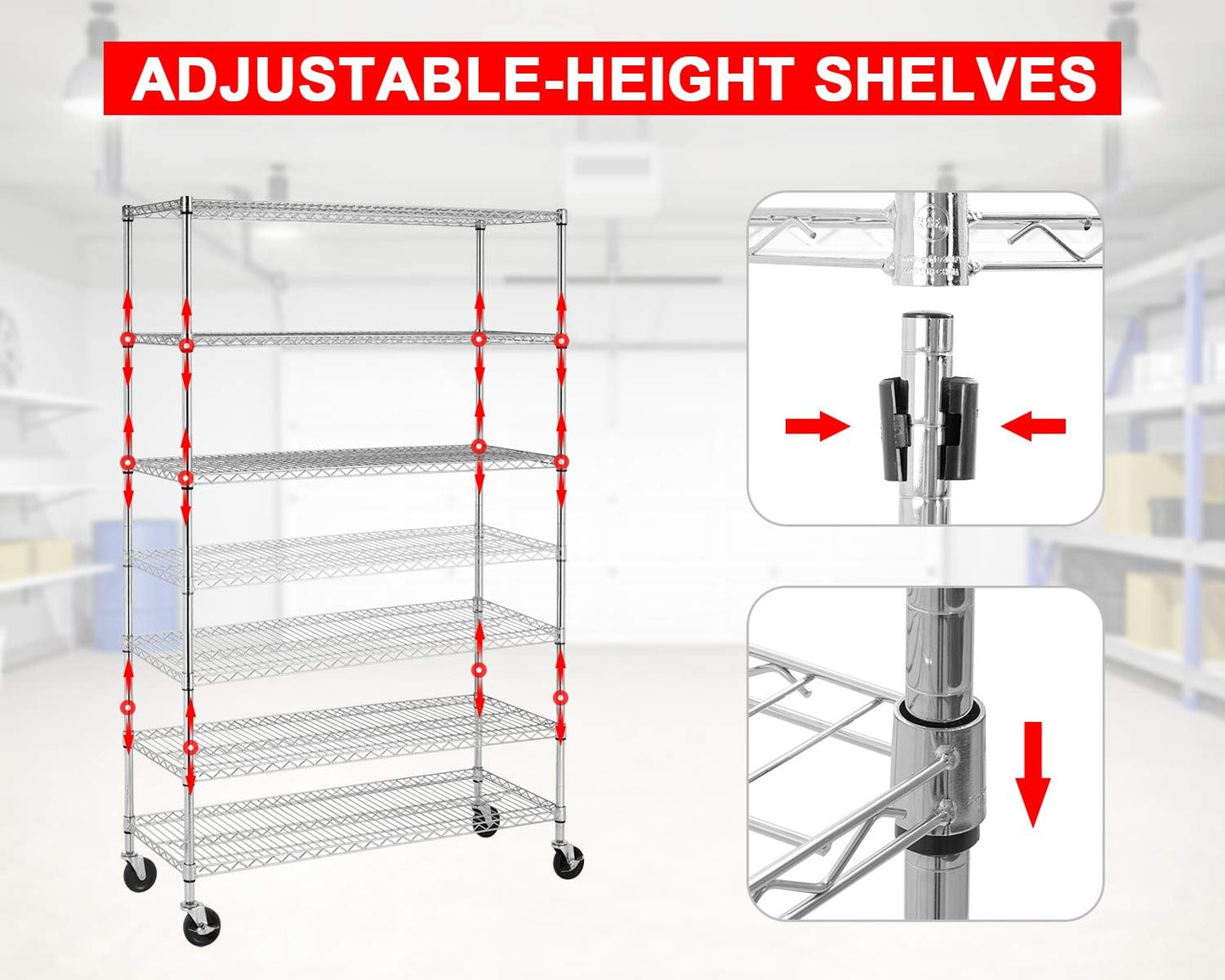 FDW 48 inch L×18 inch W×76 inch H Wire Shelving Unit Metal Shelf with 6 Tier Casters Adjustable Layer Rack Strong Steel for Restaurant Garage Pantry Kitchen Garage, Chrome