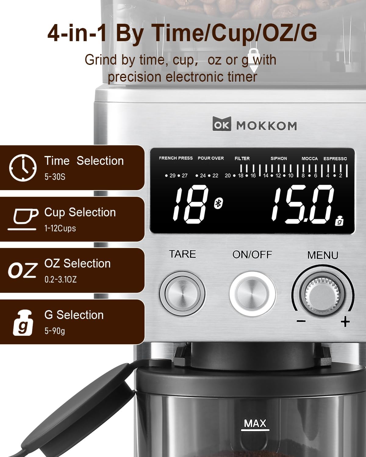 MOKKOM Coffee Grinder with Removable Coffee Scale via Bluetooth Connectivity, Anti-static Conical Burr Coffee Bean Grinder, 31 Precise Settings for French Press/Cold Brew/Pour Over/Drip/Espresso