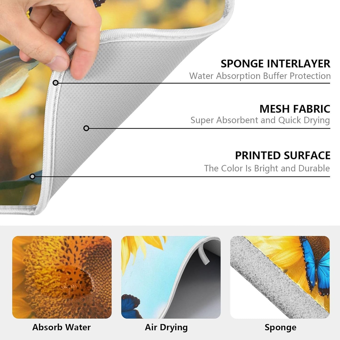 Blooming Sunflowers Blue Butterfly03 Dish Drying Mat for Kitchen Counter Absorbent Microfiber Small Drying Pad Dish mats for Kitchen Countertops 16 x 18 Inch