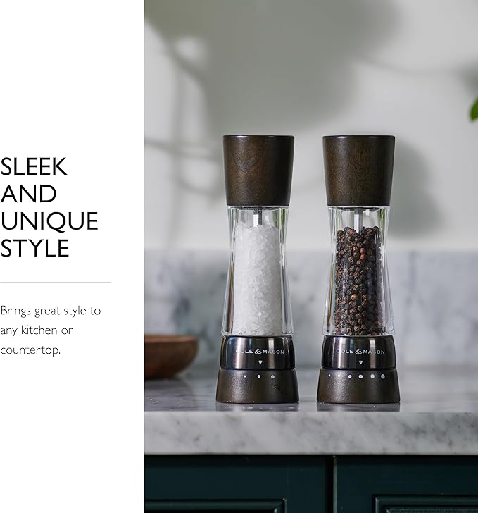 Cole & Mason Derwent Salt Mill - Gourmet Precision Salt Grinder - Refillable Seasoning and Spice Tools - Adjustable Seat, Himalayan and Kosher Salt Grinder Settings - Dark Wood