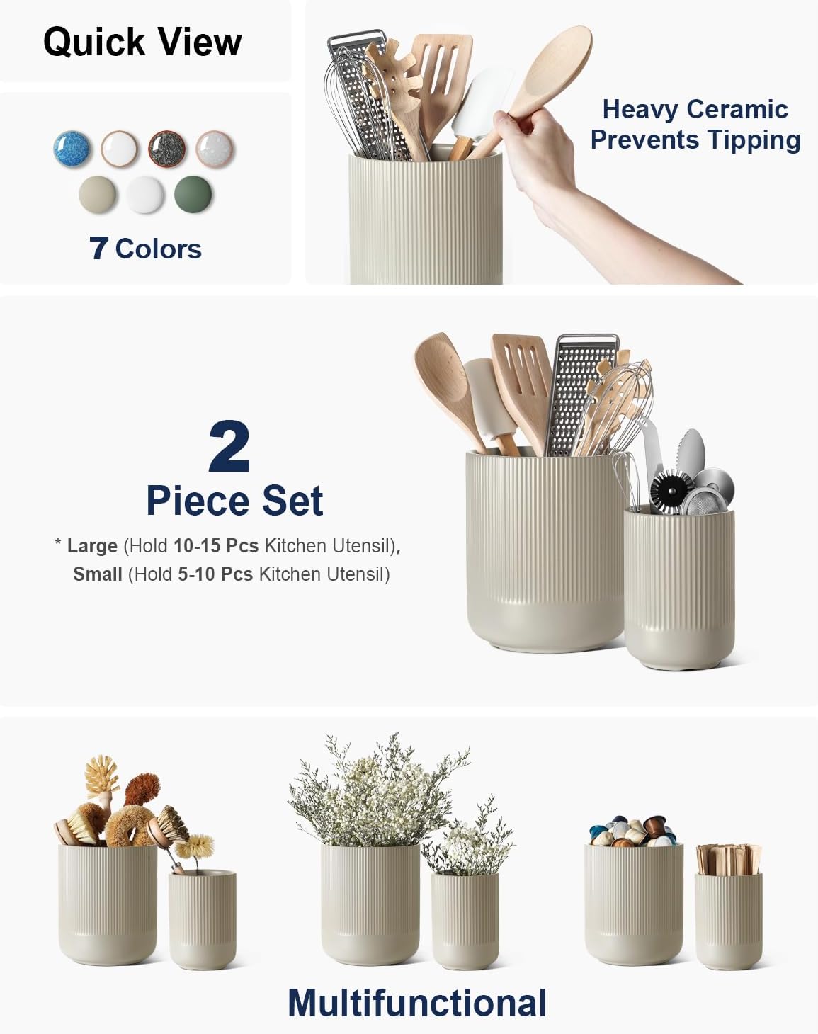 LE TAUCI Utensil Holder, 7.3"+5.4" Ceramic Kitchen Utensil Holder for Countertop, Large Cooking Utensil Crocks for Kitchen Counter, Morden Utensil Organizer for Spatula, Set of 2, Oatmeal Greige
