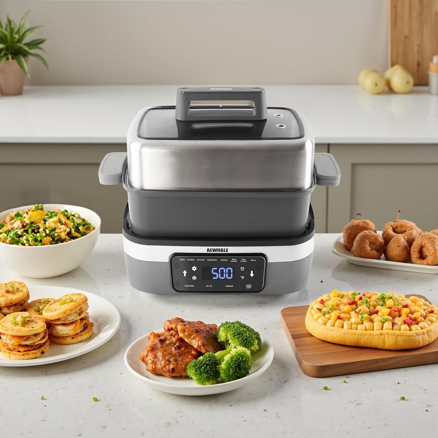 AEWHALE 8-in-1 Programmable 4.5-Quart Multi-Cooker with Air Fryer,Slow Cooker,Food Steamer,Dehydrate &More, Family-Sized Capacity,Grey