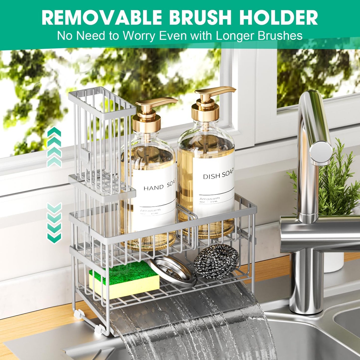 Sponge Holder for Kitchen Sink, 2 Tier Sink Caddy Organizer with High Brush Holder, Self-Draining Sponge Holder for Sinks, Soap Dispenser Organizer, Rustproof 304 Stainless Steel, Silver