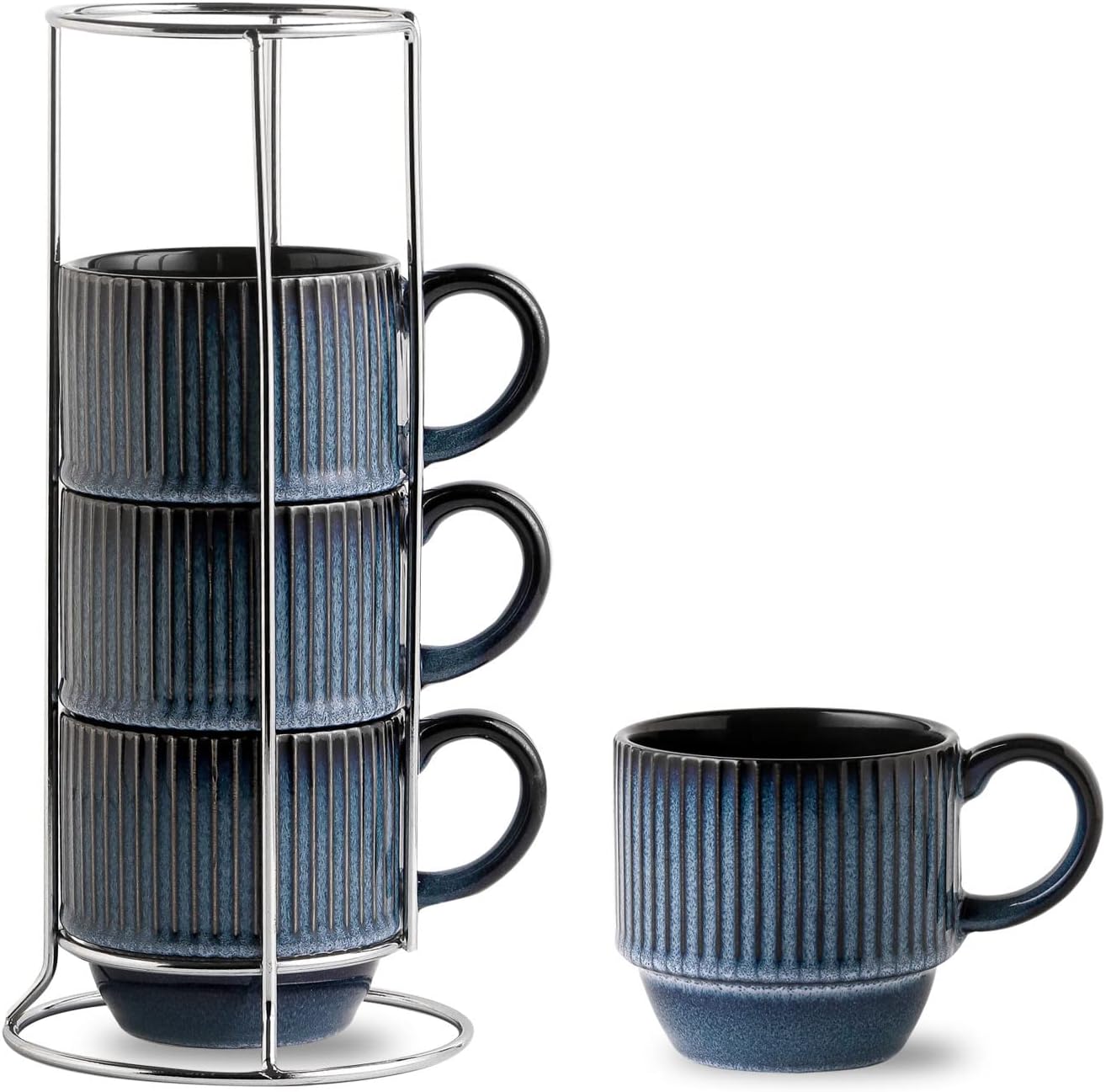 Hasense Navy Coffee Mugs Porcelain Set of 4 with Rack - 12 oz Stackable Coffee Cups Ceramic, Modern Ribbed Latte Cup Sets for Cappuccino, Tea, Espresso, Hot Cocoa, Drinks - Dishwasher & Microwave Safe