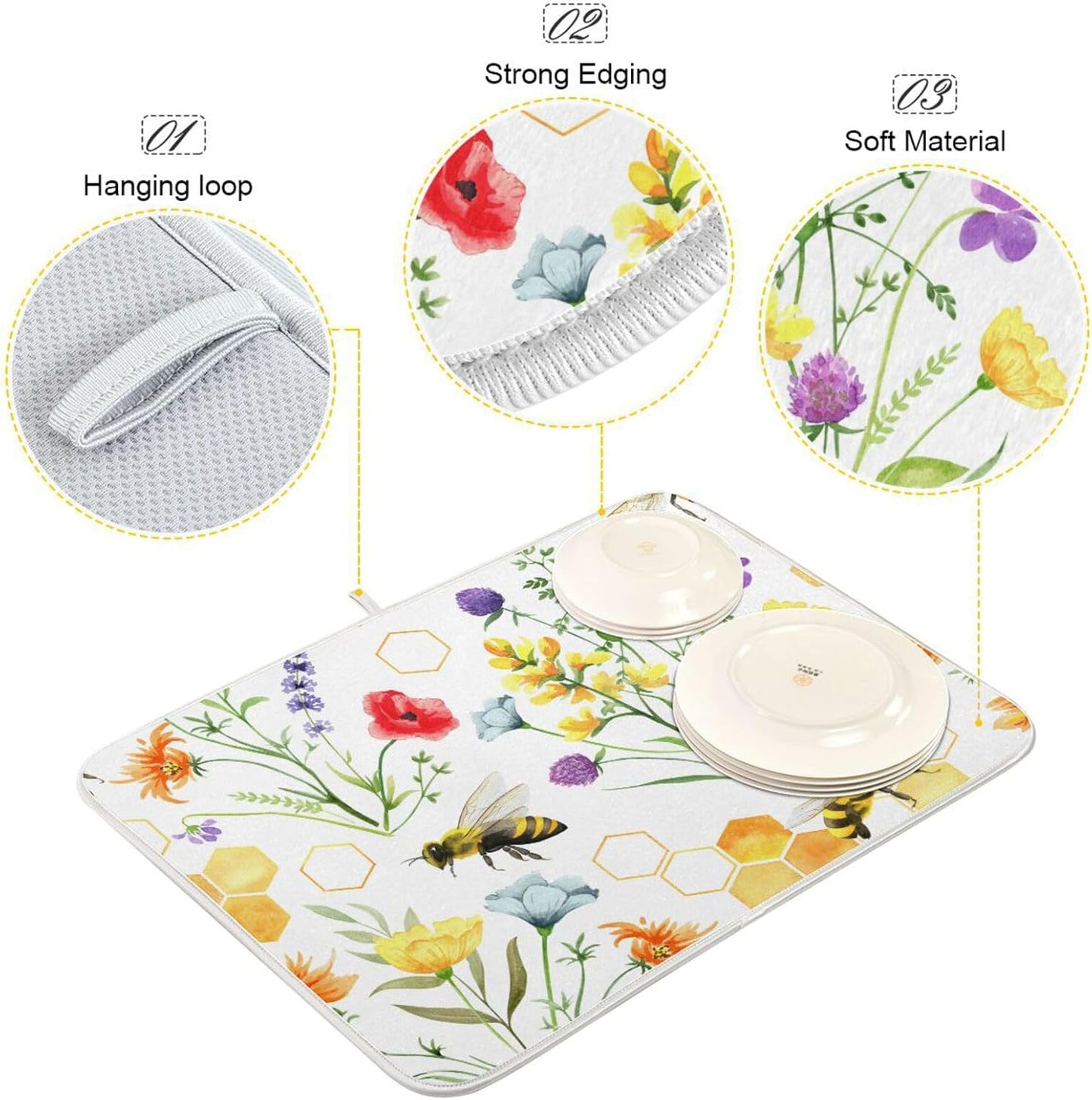 Wildflowers and Bees Dish Drying Mat for Kitchen Counter Absorbent Microfiber Drying Pad, Large 18x24 in, Reversible Drainer Mats