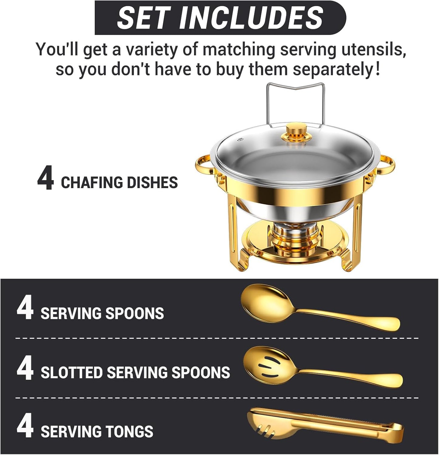 Round Chafing Dishes for Buffet 5 Qt,High Grade Chafing Dish Buffet Set, Full Size Pan,Rolled-Edge Design Food Warmers for Parties,Buffet,Wedding,Birthday,Camping 4 PACK (Gold-Glass)
