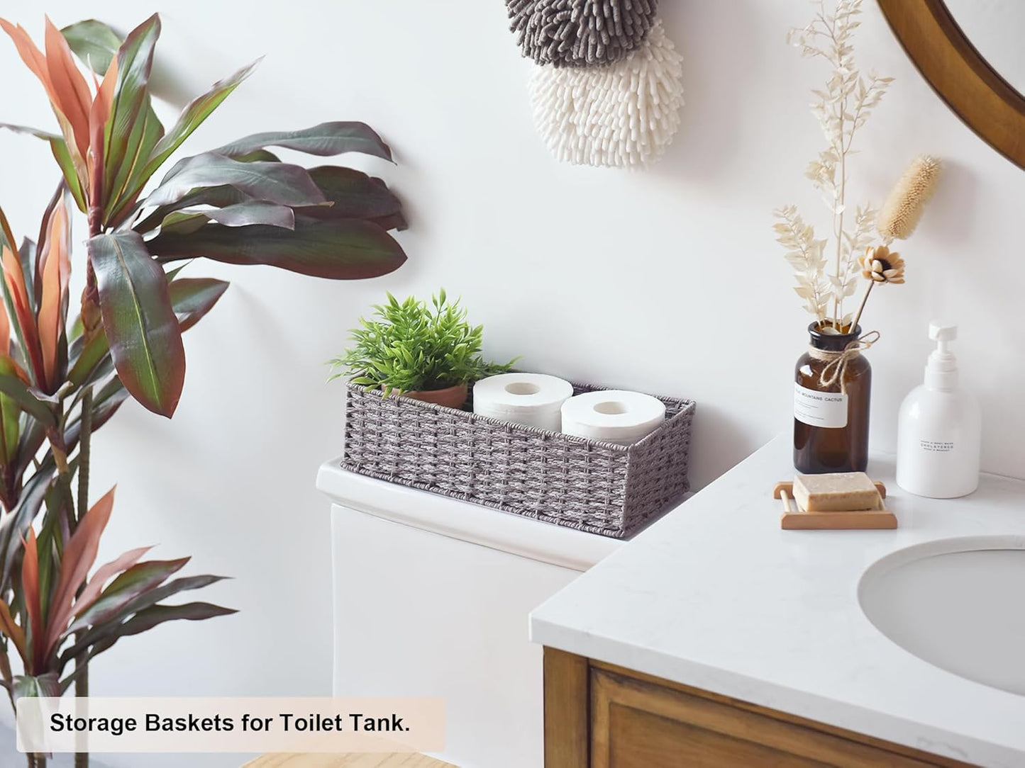 StorageWorks Round Paper Rope Toilet Tank Topper Basket, Wicker Basket for Bathroom, Gray, 2-Pack