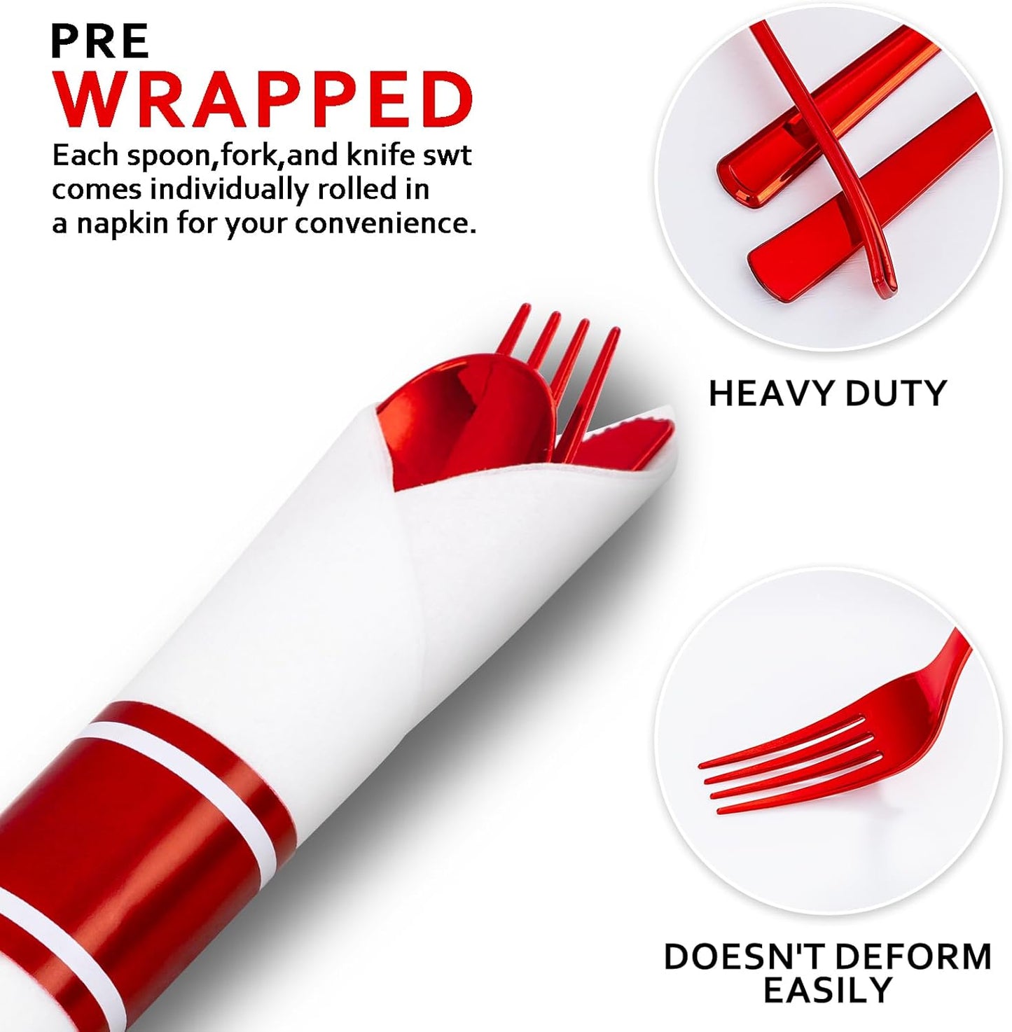 400PCS Pre Rolled Red Plastic Silverware Sets - Heavy Duty Red Cutlery - Include 100 Pack Wrapped Disposable Utensils with Napkins for Parties & Dinners & Weddings