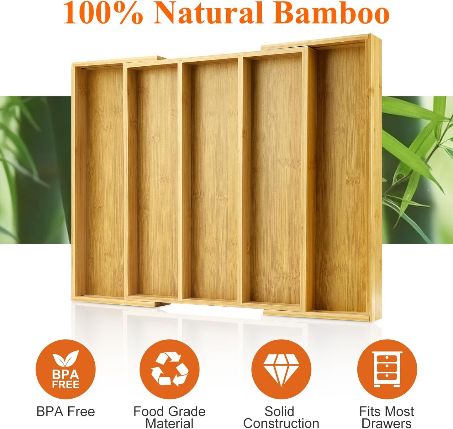 Expandable Silverware Drawer Organizer Storage Large Bamboo Kitchen Tool Utensil Organizers Divider Cutlery Tray Adjustable Flatware Drawer Organizer for Spoon Spatula Cooking Utensils Holder Tray