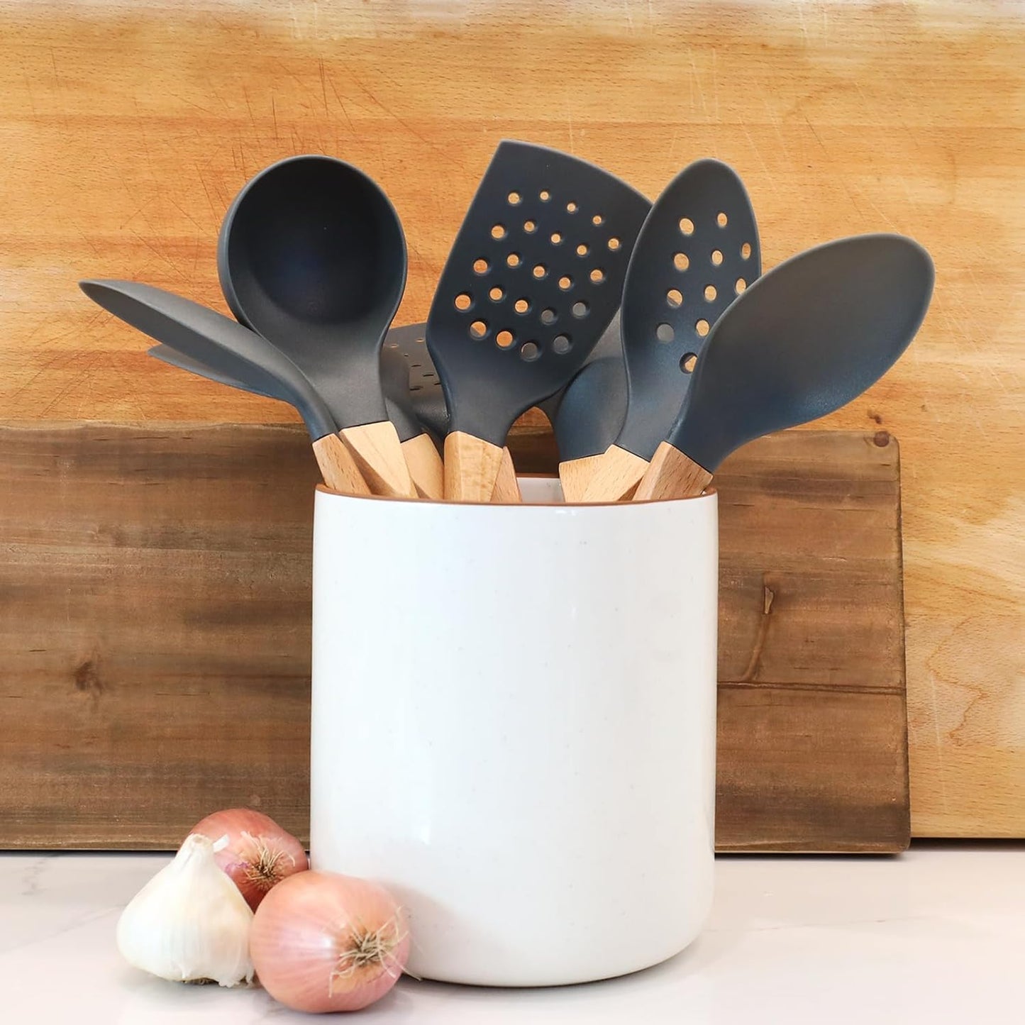 Beille 5pc Dark Grey Nylon Wooden Kitchen Utensils with Cooking Spoons, Soup Ladle, Skimmer Spoon and Spatula, 13 Inch