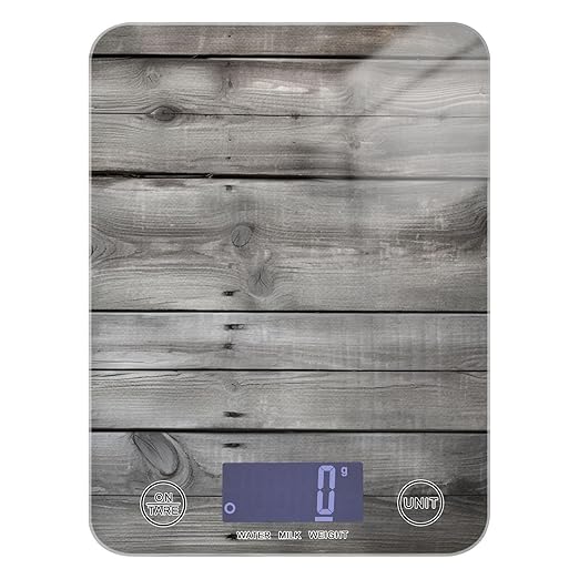 Digital Food Scale Rustic Wood Grey – Fashion Design, 11lb/0.01oz, Tempered Glass, Kitchen Scales with LCD Display for Baking & Cooking, Batteries Not Included