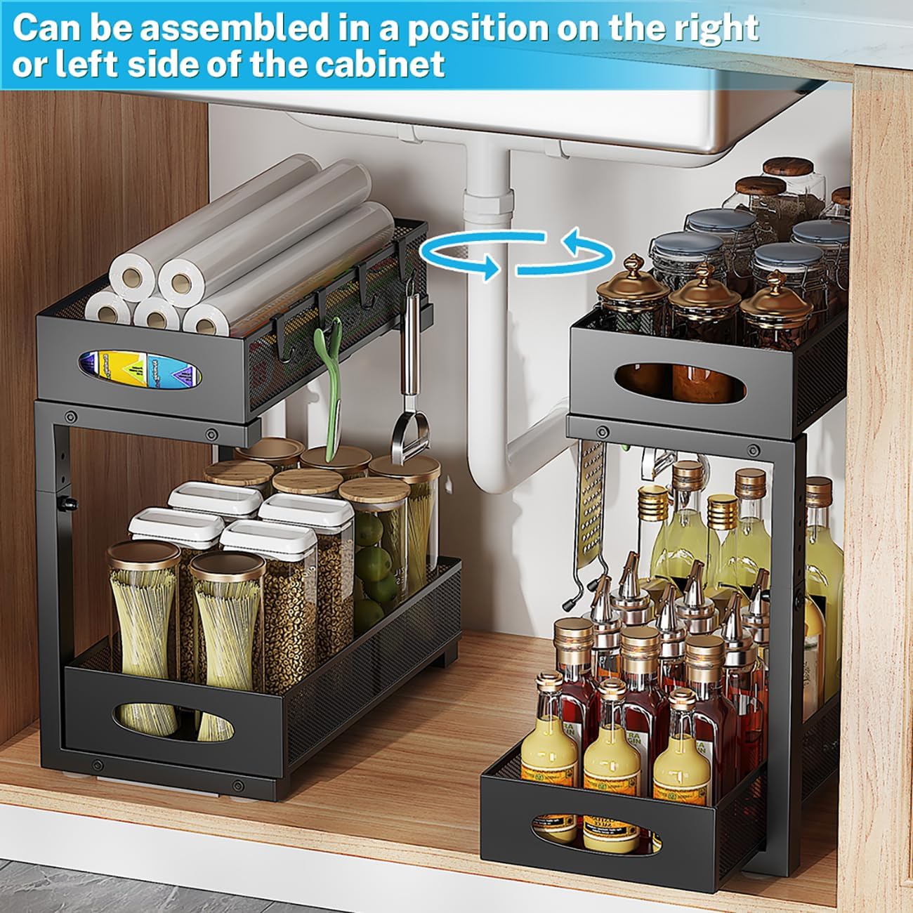 2-pack under sink organizer, 2-tier under sink organizer and storage, slide-out pull-out cabinet organizer with mesh metal sliding drawer for home kitchens, bathrooms, pantries (Black)